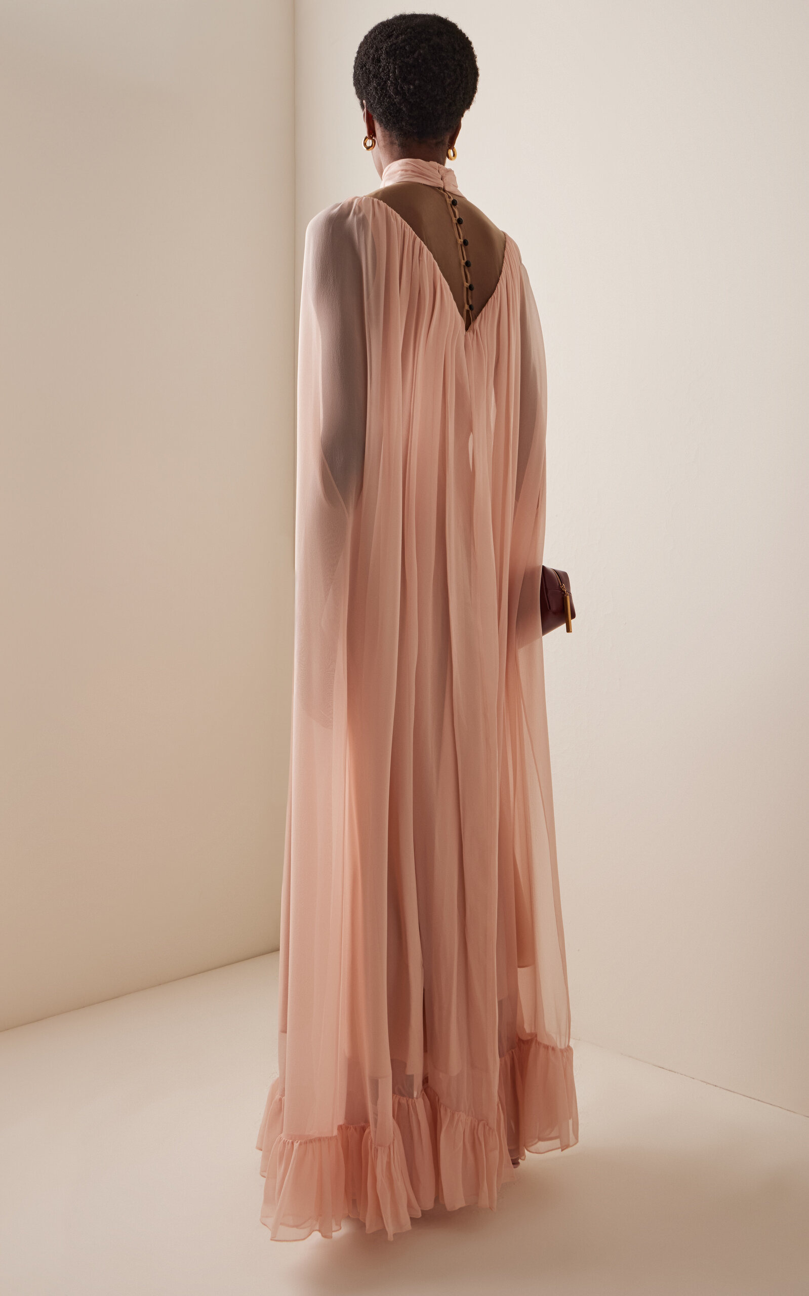 Ruffled Silk-Chiffon Cape Gown pink - 4
