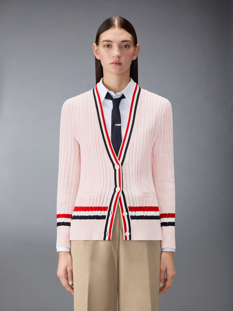 Thom Browne RWB STRIPE BABY LADDER CABLE ELONGATED CARDIGAN outlook