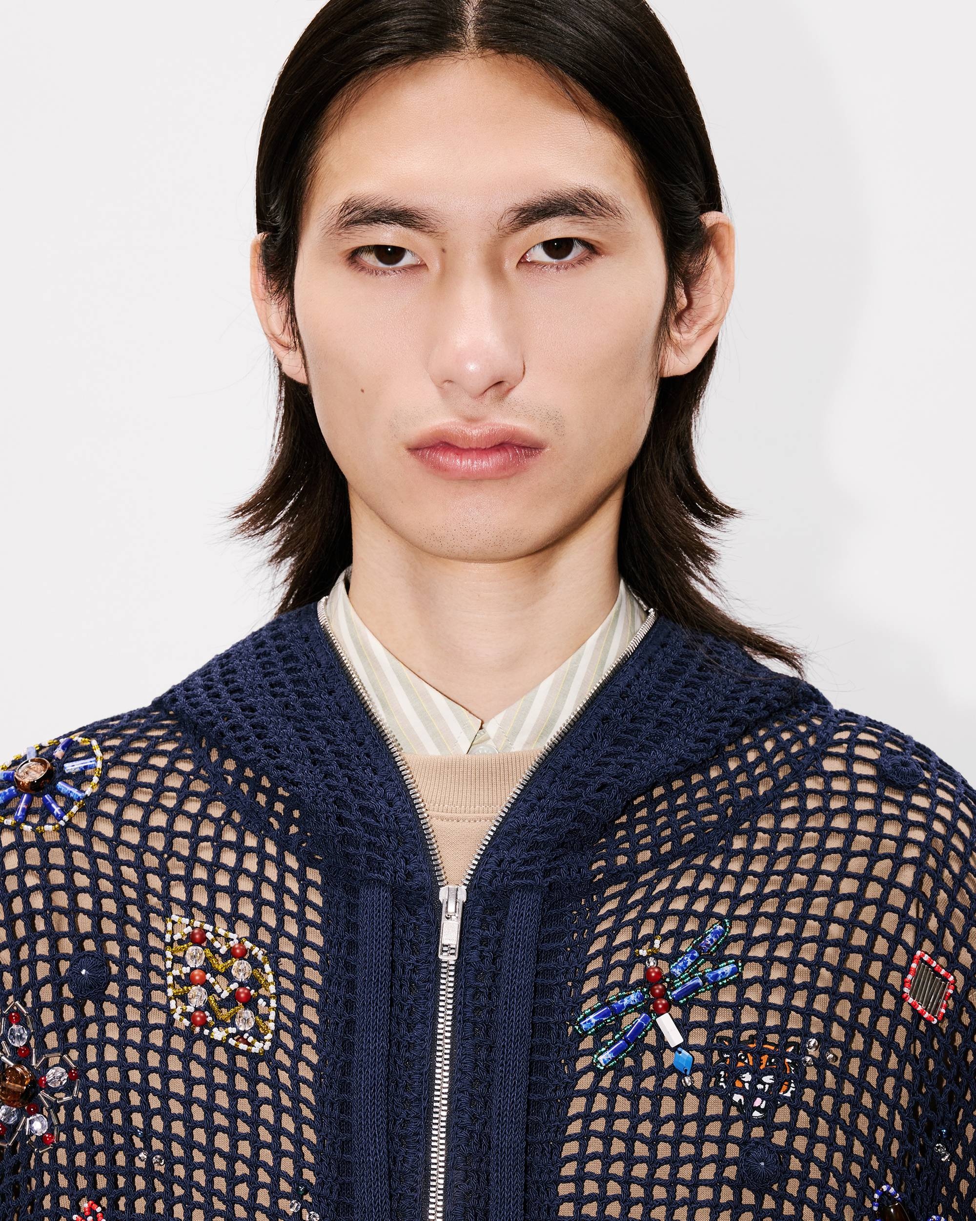 Oversized embroidered zip-up knitted hooded sweatshirt in cotton mesh - 8