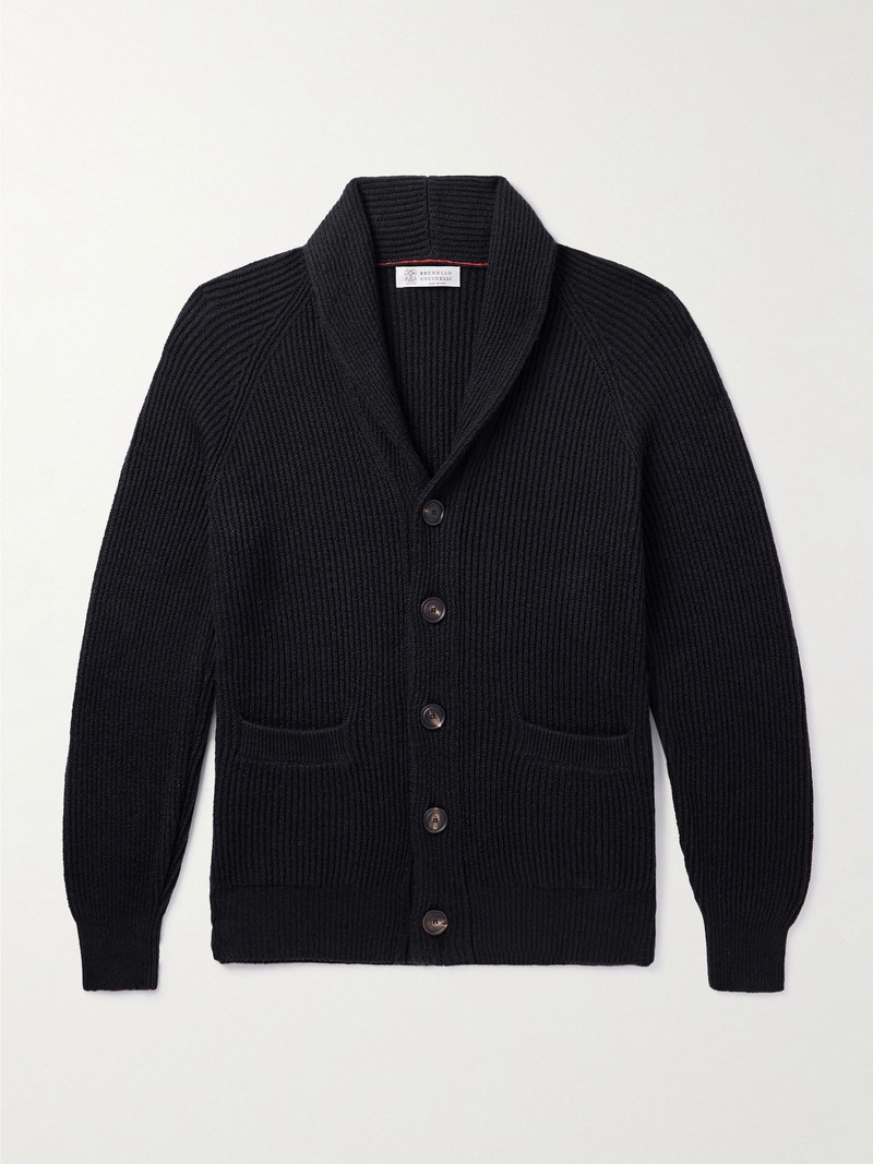 Shawl-Collar Ribbed Cotton Cardigan Black 1