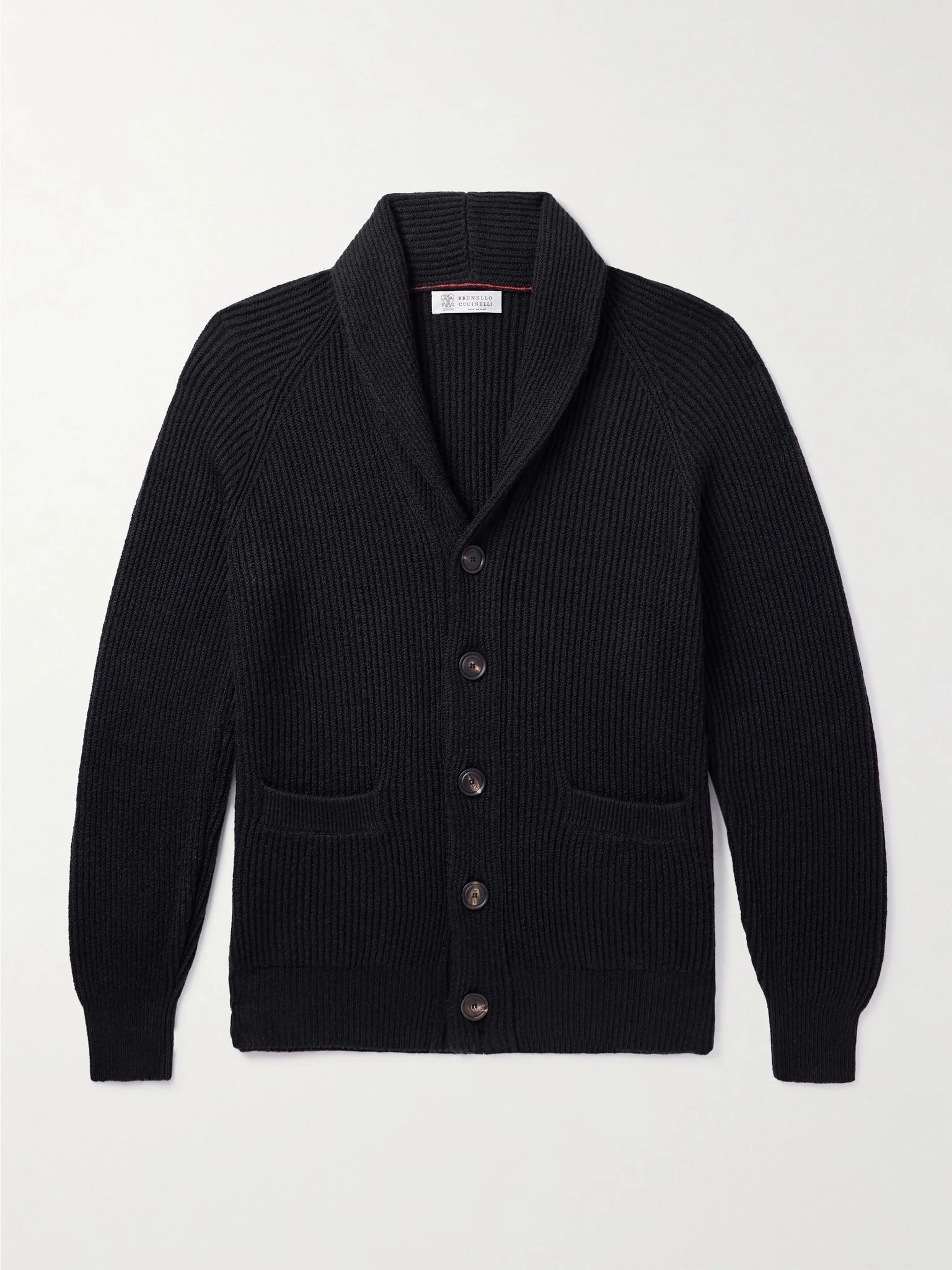 Shawl-Collar Ribbed Cotton Cardigan Black - 1