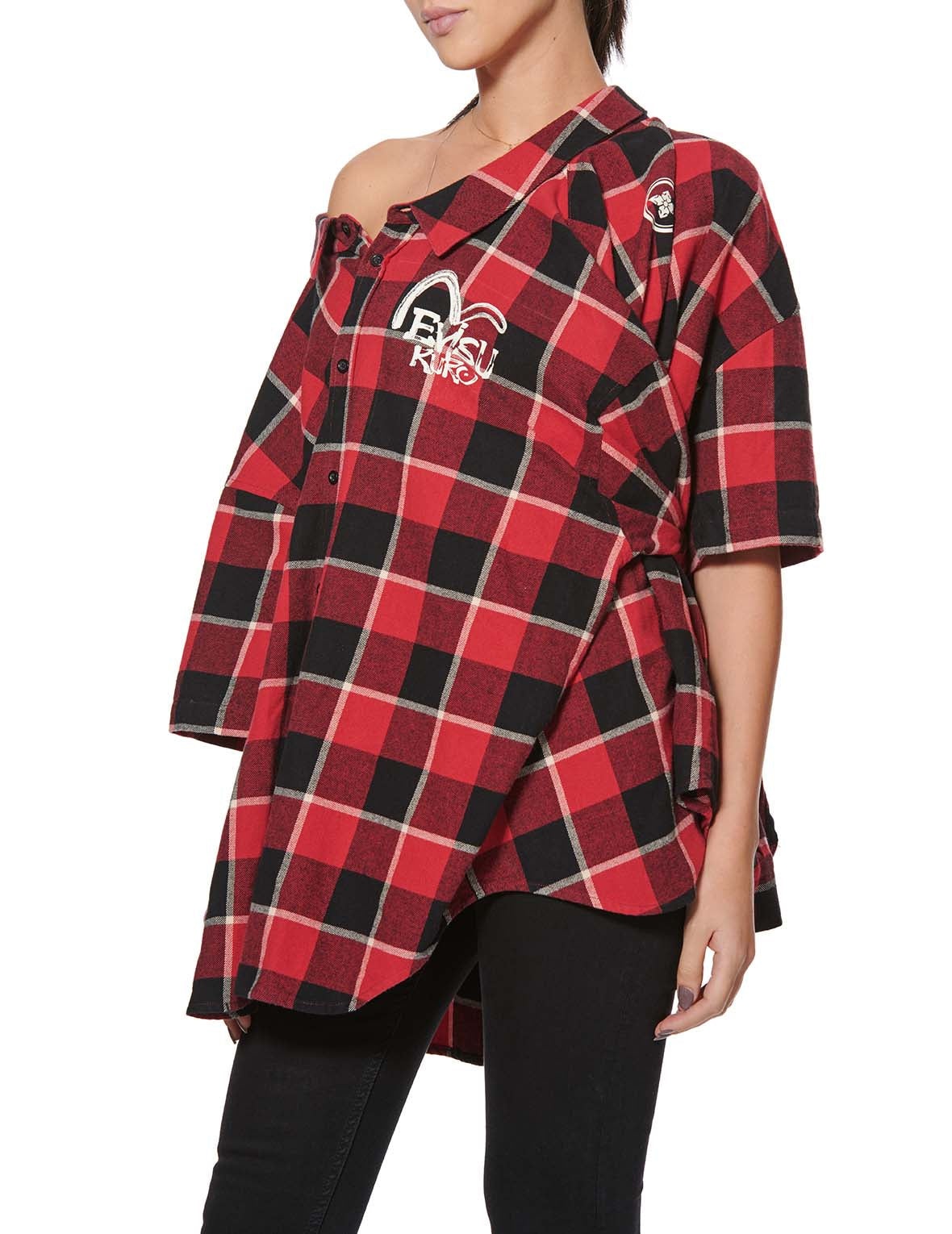 Calligraphy Print Asymmetric Flannel Shirt - 10
