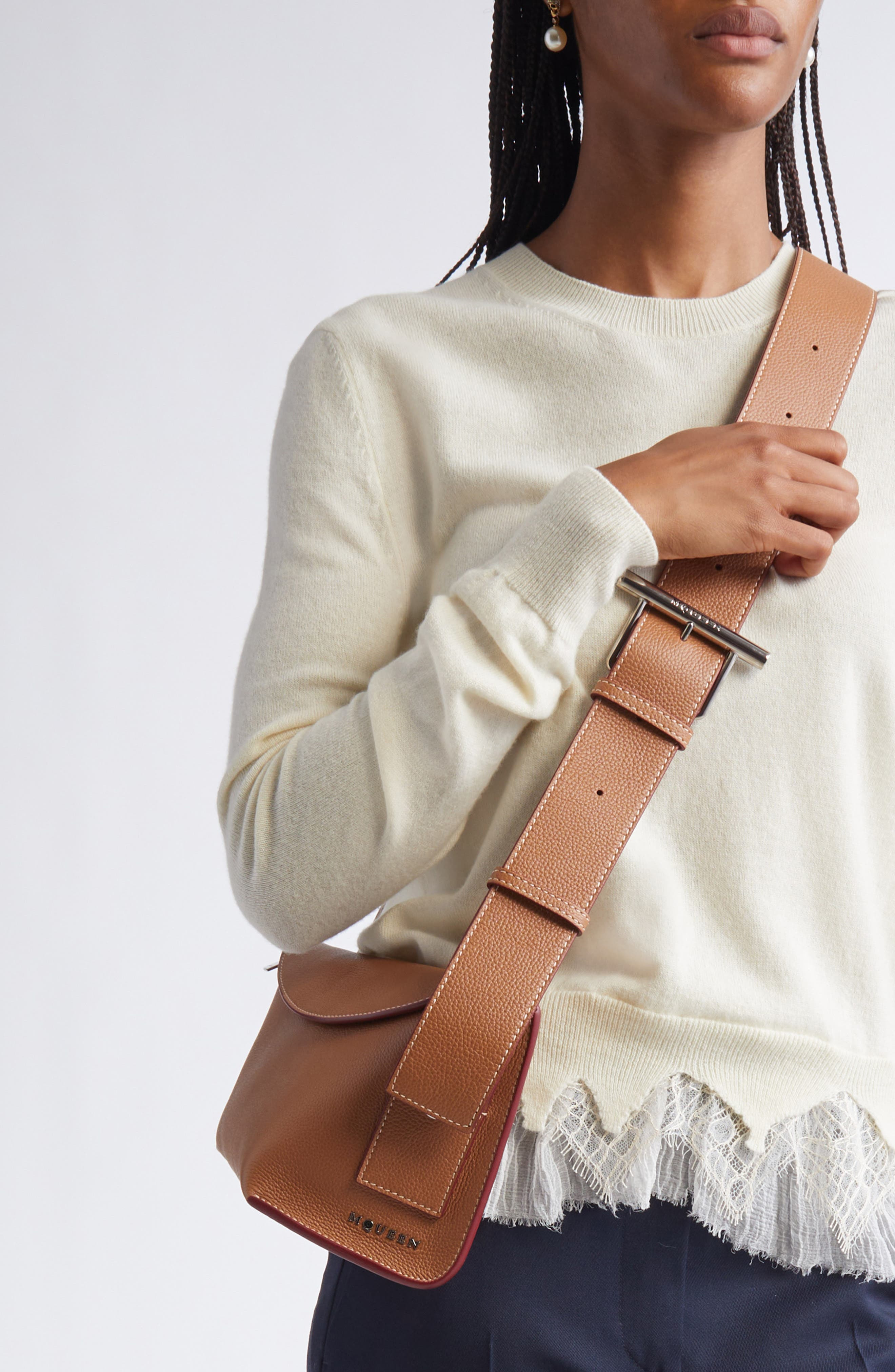 McQueen T-Bar Sling Asymmetric Leather Crossbody Bag in Silver/pecan at Nordstrom - 2