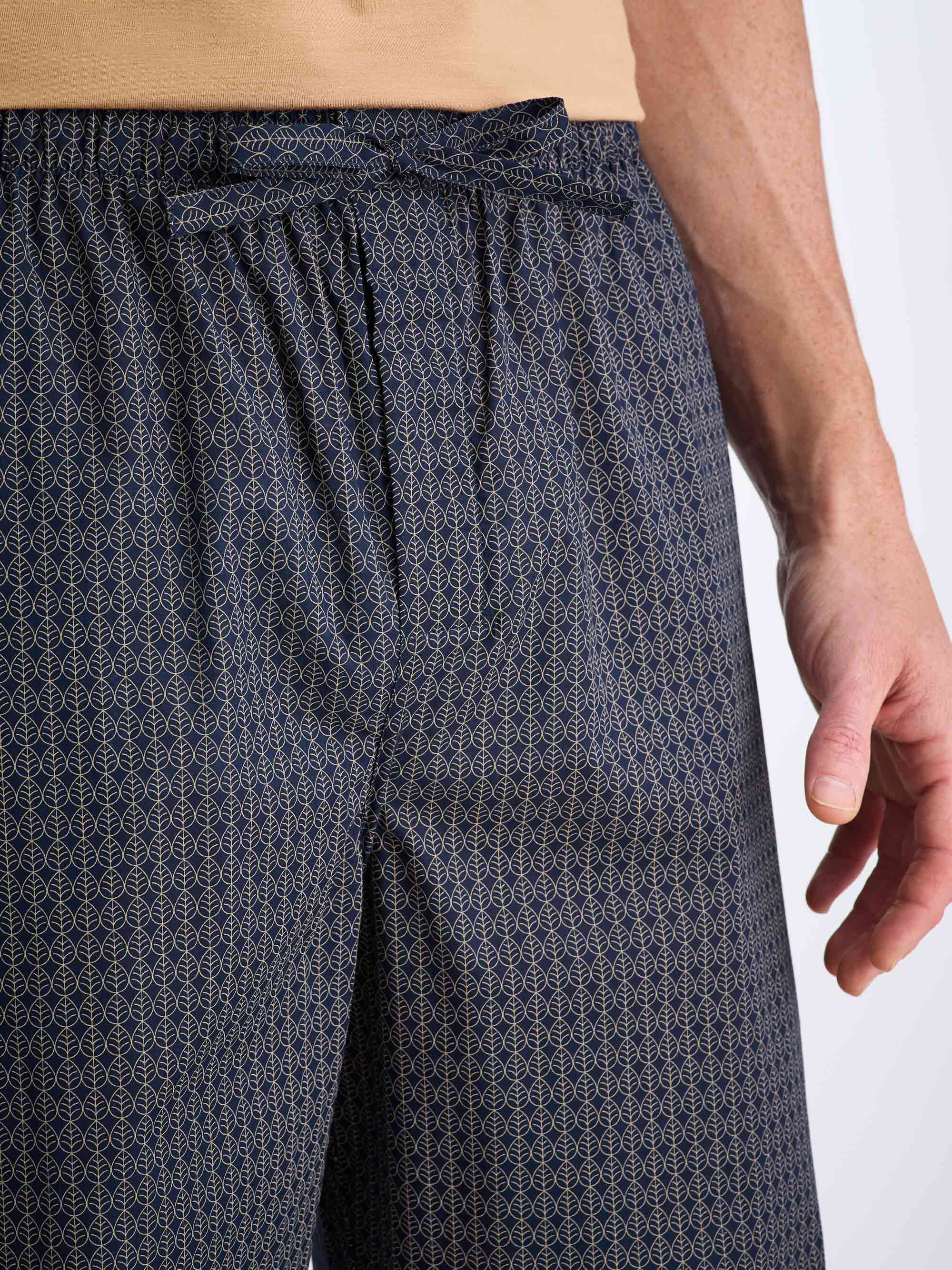 Men's Lounge Pants Cotton Batiste Navy Jungle Leaf Print - 5