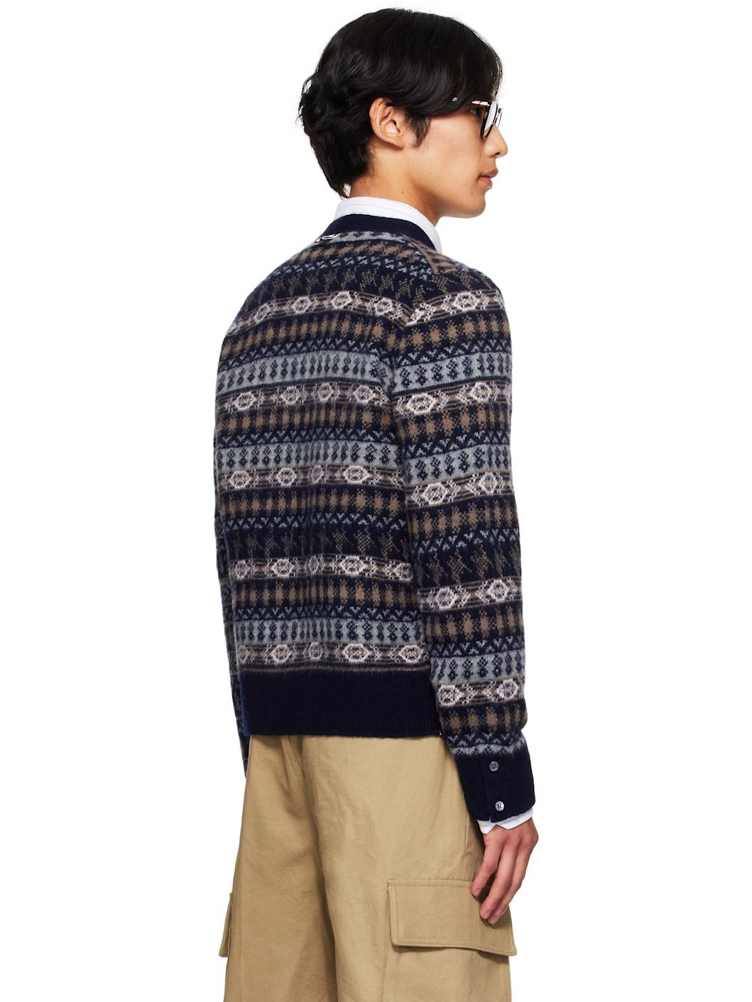 Navy Funmix Fair Aile Jacquard V-Neck Cardigan - 3