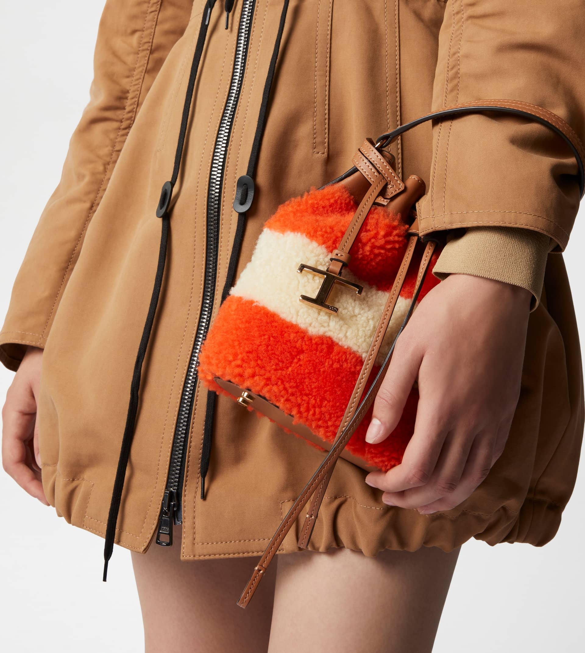 BUCKET BAG IN SHEEPSKIN AND LEATHER MICRO - ORANGE, OFF WHITE, BROWN - 2