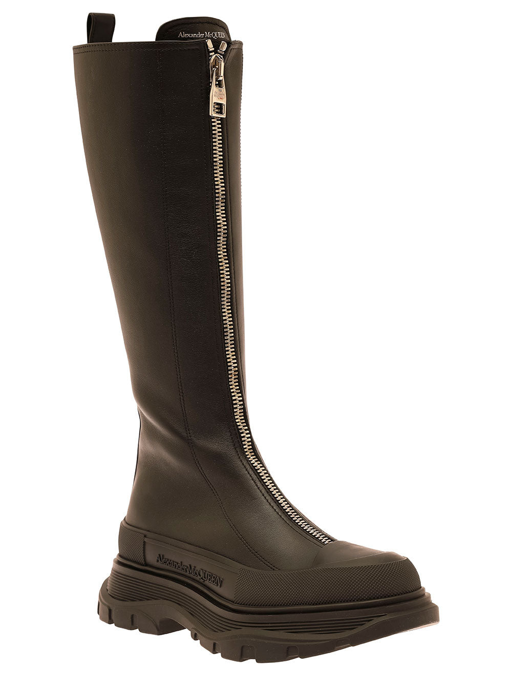 Alexander Mcqueen Women 'Tread Slick' Black Boots With Embossed Logo And Chunky Platform In Leather  - 2