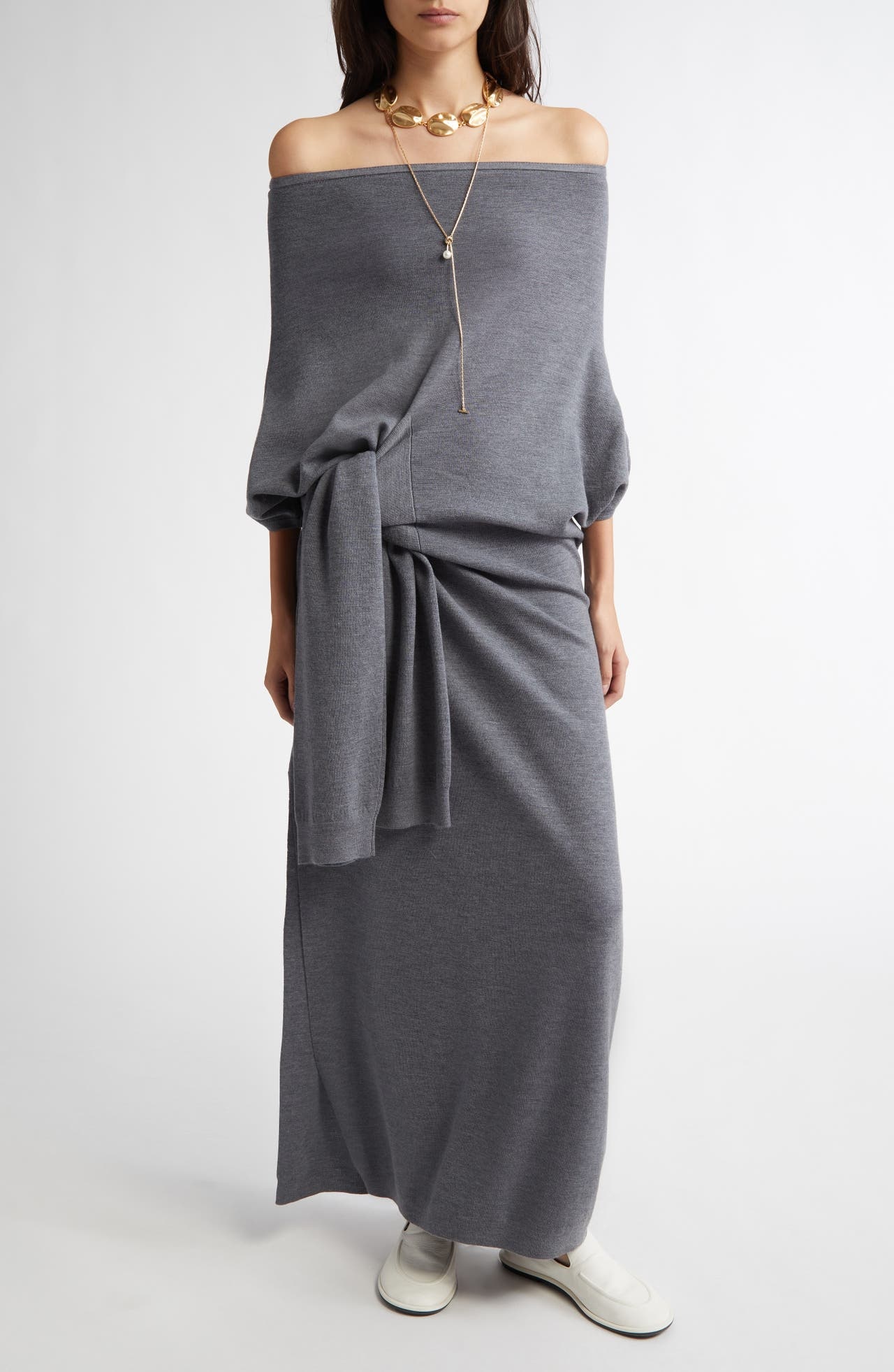 ZANKOV Anais Off the Shoulder Maxi Wool Sweater Dress in Melange Grey at Nordstrom - 1