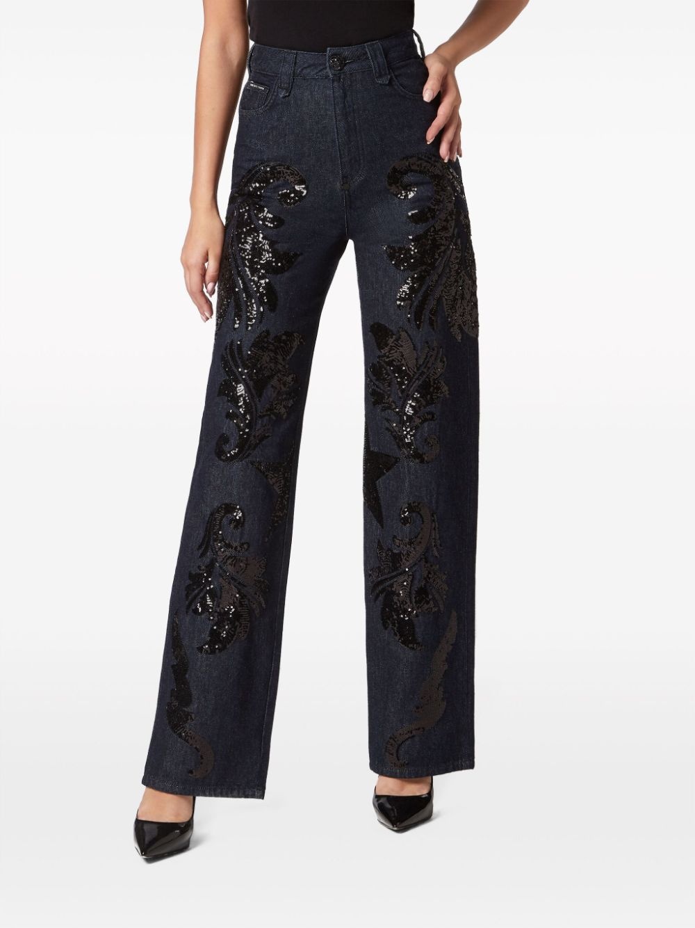 sequin-embellished high-rise wide-leg jeans - 3