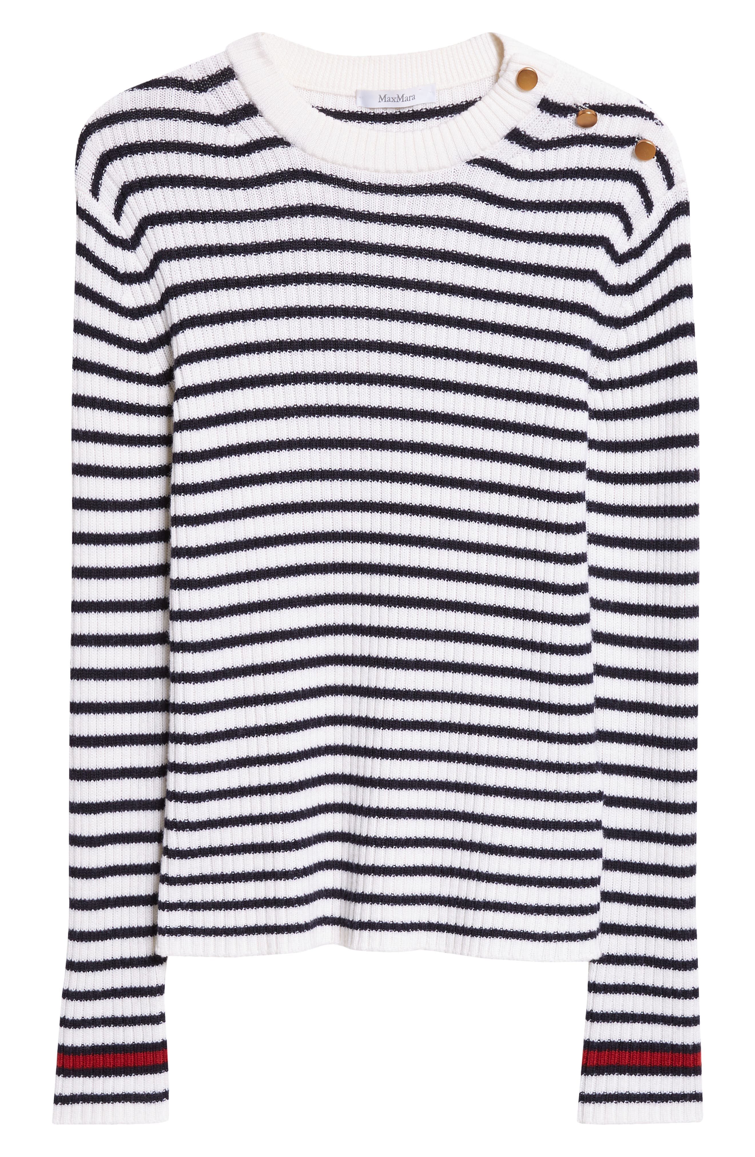 Max Mara Lari Button Detail Stripe Virgin Wool Rib Sweater in White at Nordstrom - 5