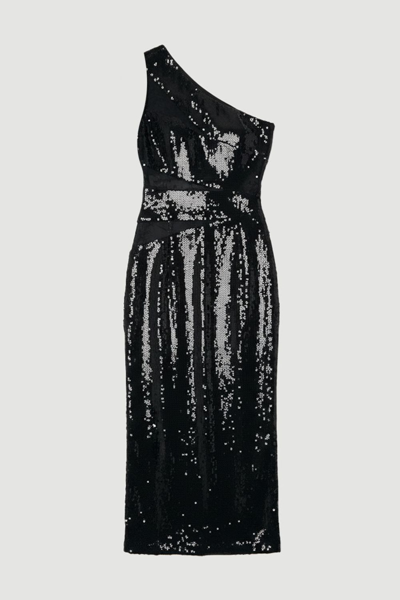 Petite Sequin With Lace Detail One Shoulder Midi Dress - 1