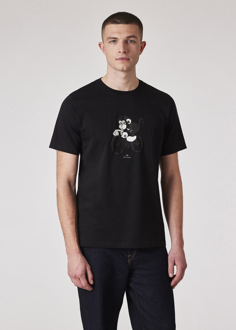 Black Cotton 'Cycling Monkey' Print T-Shirt 3