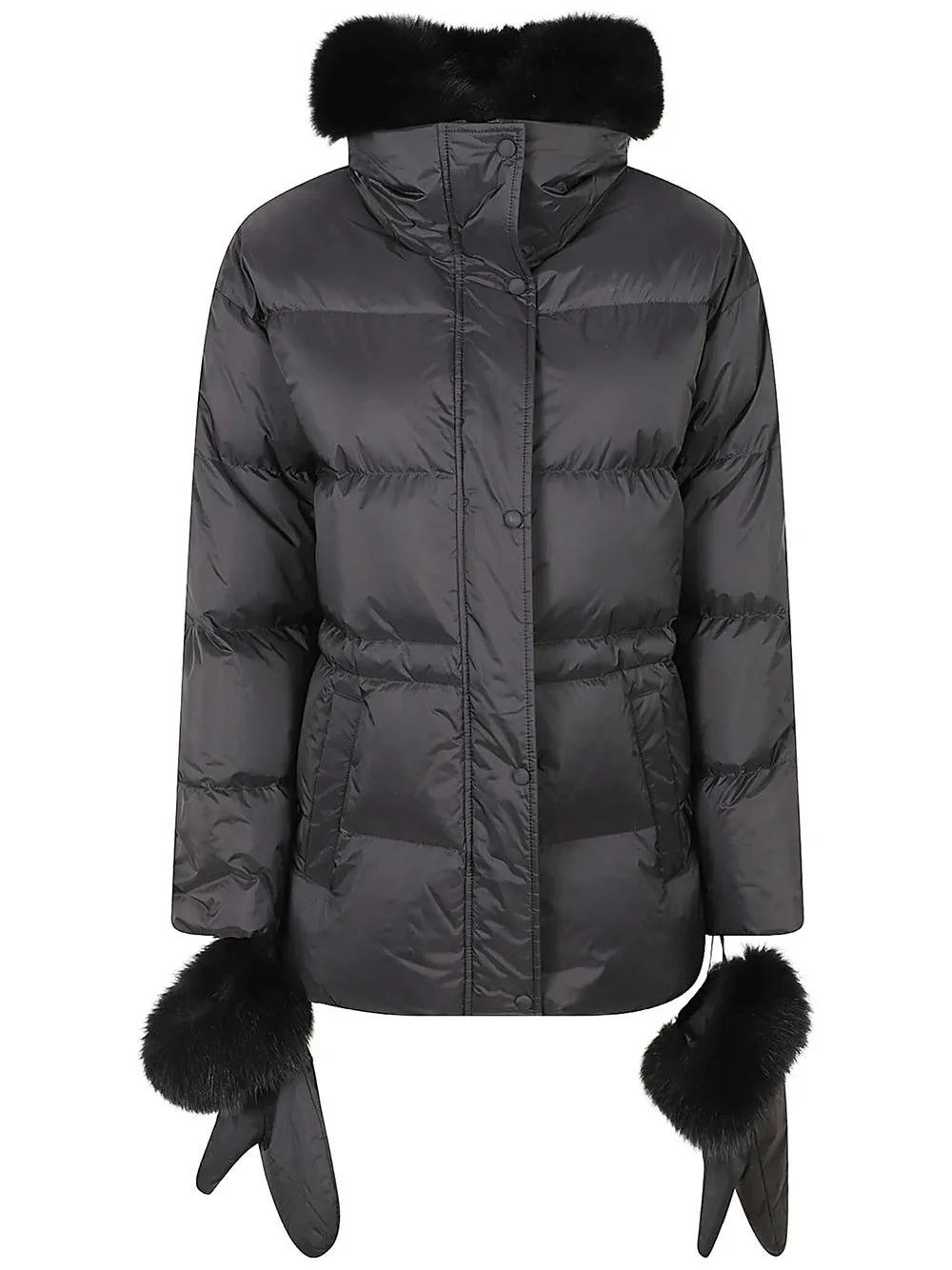 Yves Salomon down jacket in black technical fabric with fur trim and removable gloves - 1