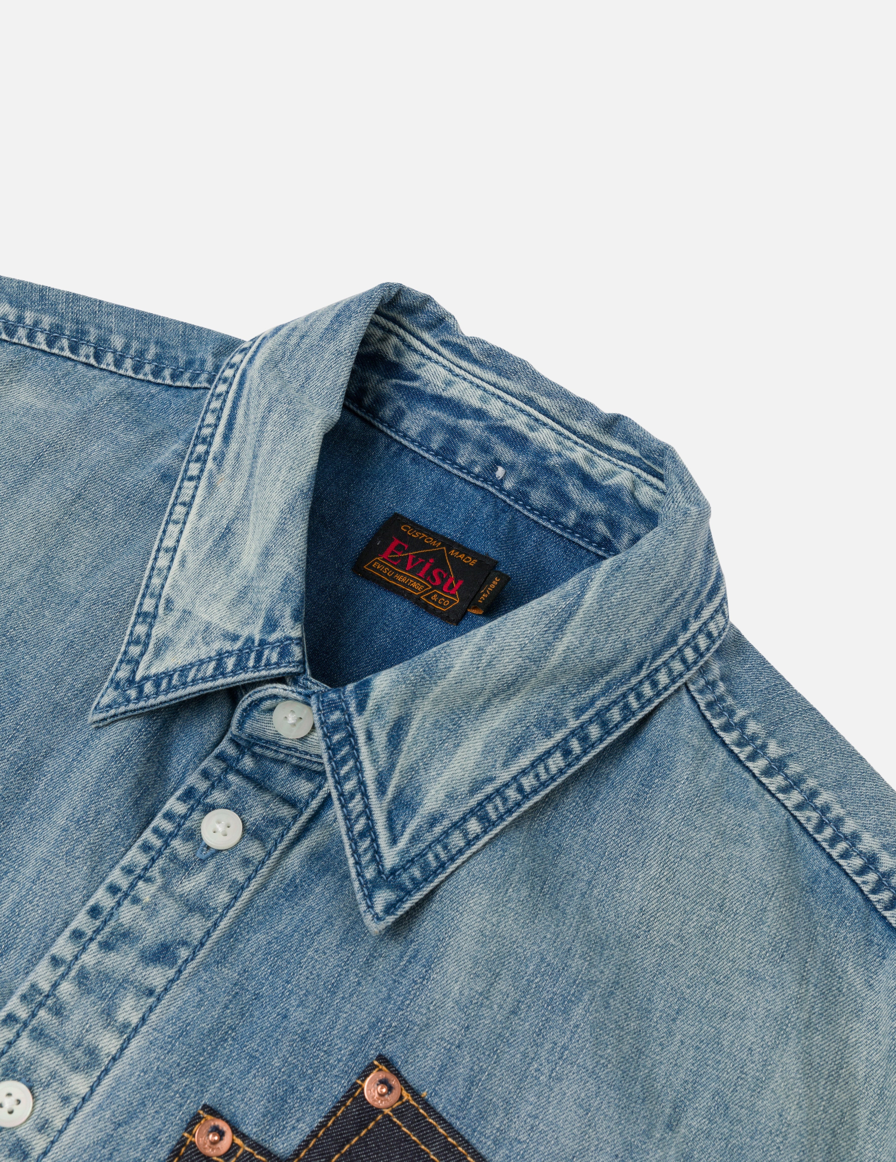 Artistic Brush Daicock Print Relax Fit Denim Short-Sleeves Shirt - 7