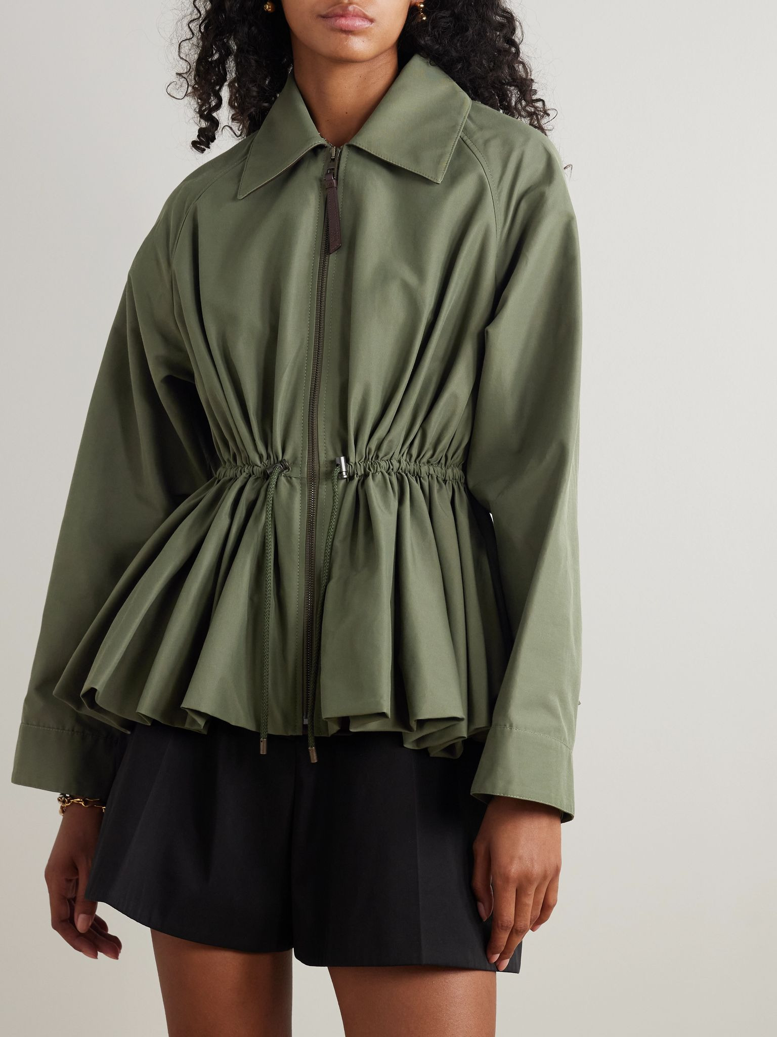 Leather-trimmed cotton-blend peplum jacket Green - 3