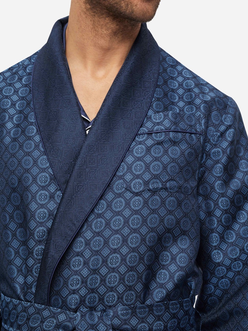 Men's Dressing Gown Verona 60 Silk Jacquard Navy - 7