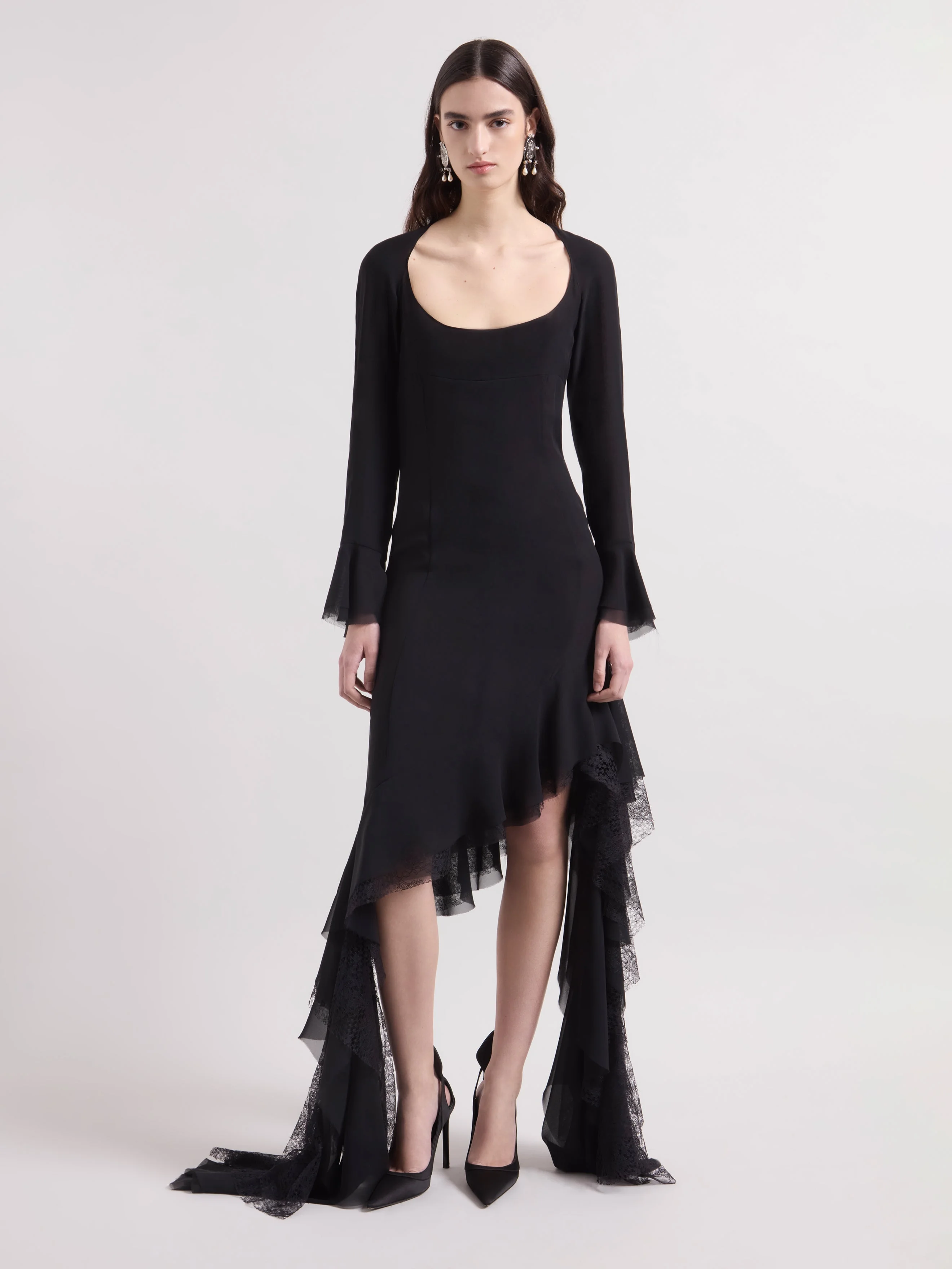 Black Asymmetrical Midi Silk Dress - 1