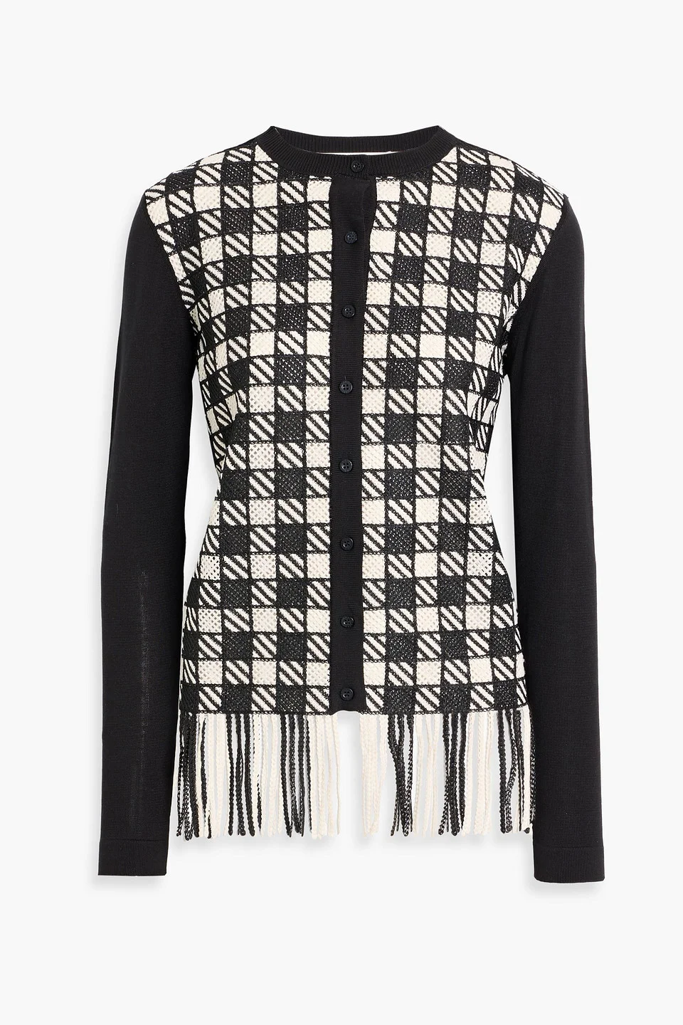 Fringed checked jacquard knit-paneled silk-blend cardigan - 1
