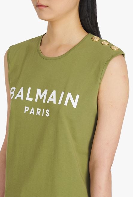 Khaki eco-designed cotton T-shirt with white Balmain logo print - 6