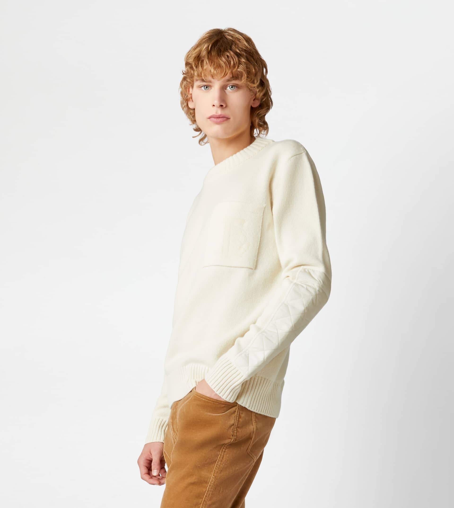 TOD'S ROUND NECK JUMPER WITH QUILTED PATCHES - WHITE - 2