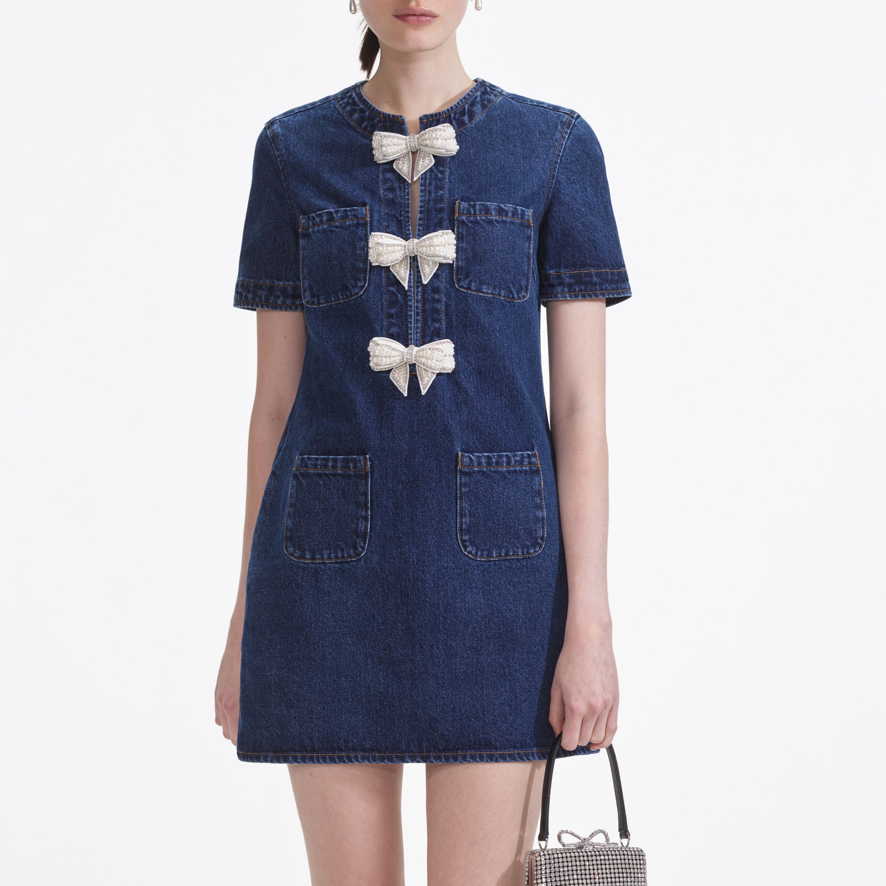Denim Bow Mini Dress - 4