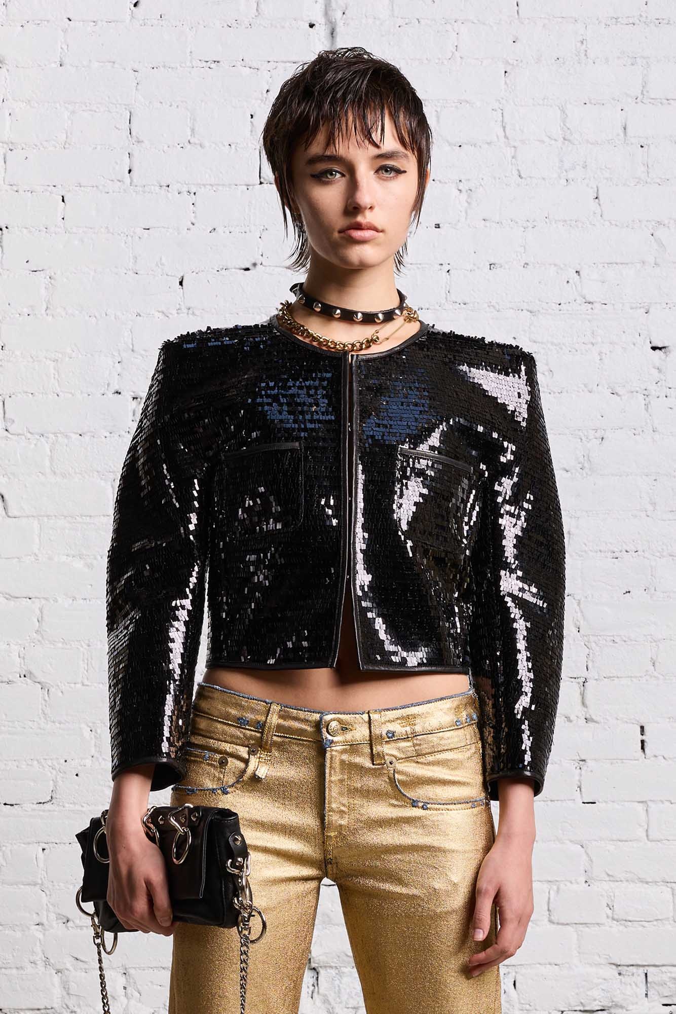 SQUARE SHOULDER SEQUIN JACKET - BLACK - 4