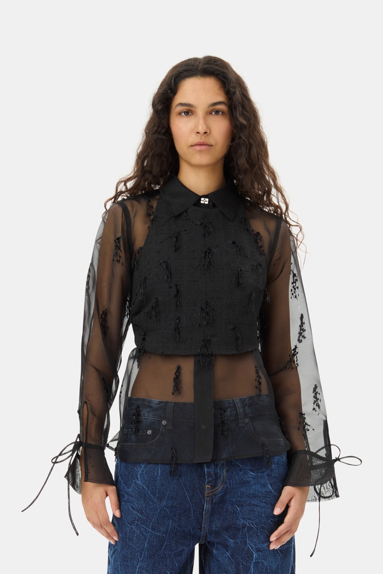 BLACK FRINGED ORGANZA SHIRT - 2
