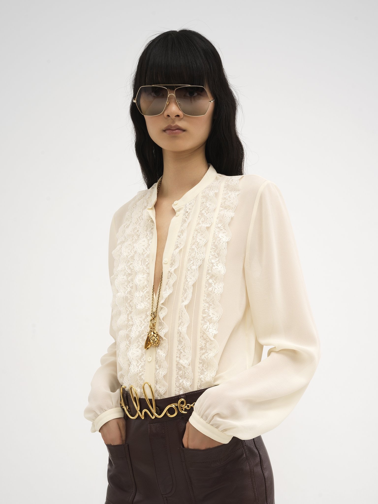 COLLARLESS RUFFLED BLOUSE IN SILK GEORGETTE - 4