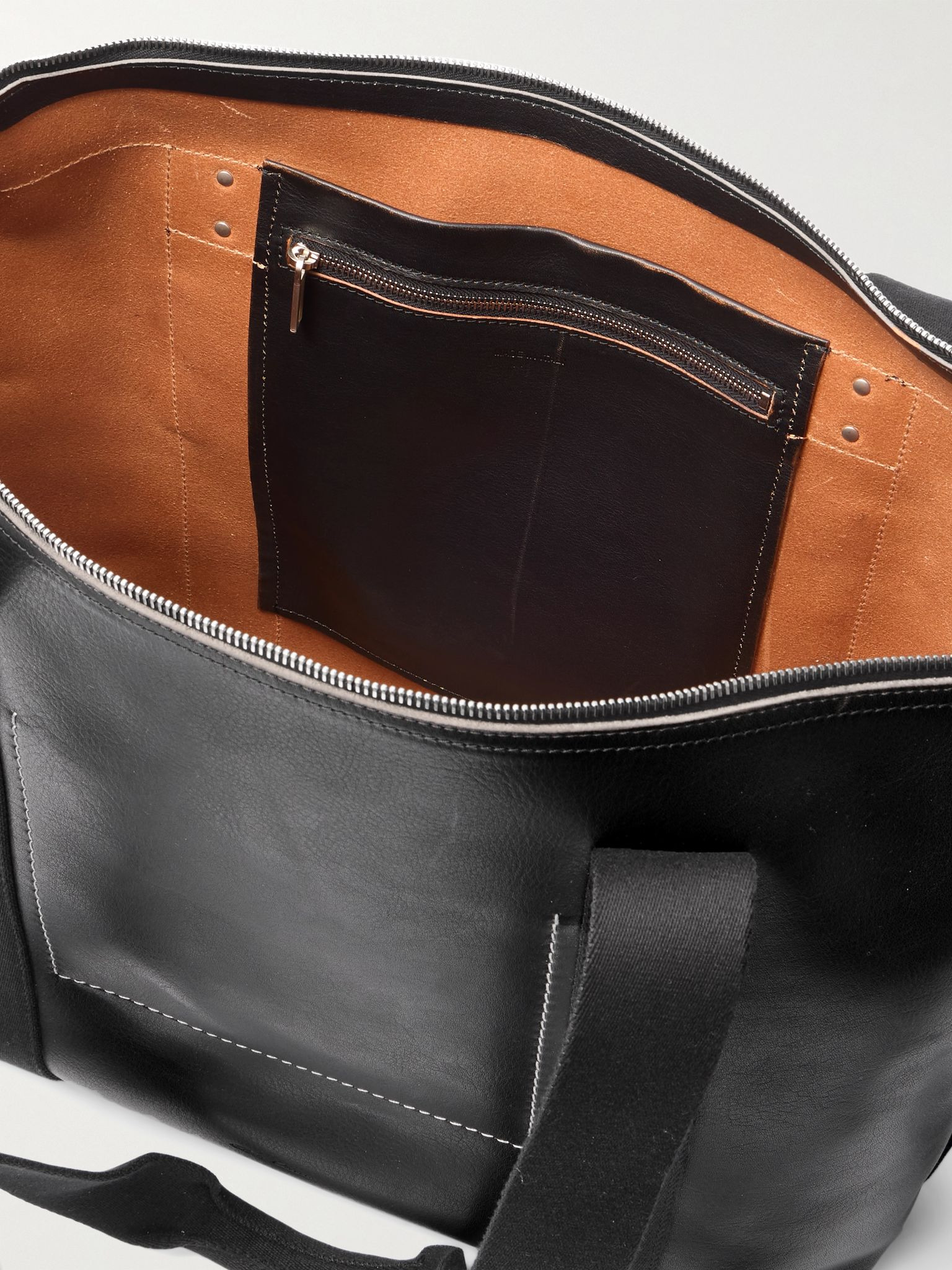 Webbing-Trimmed Burnished-Leather Weekend Bag Black - 5