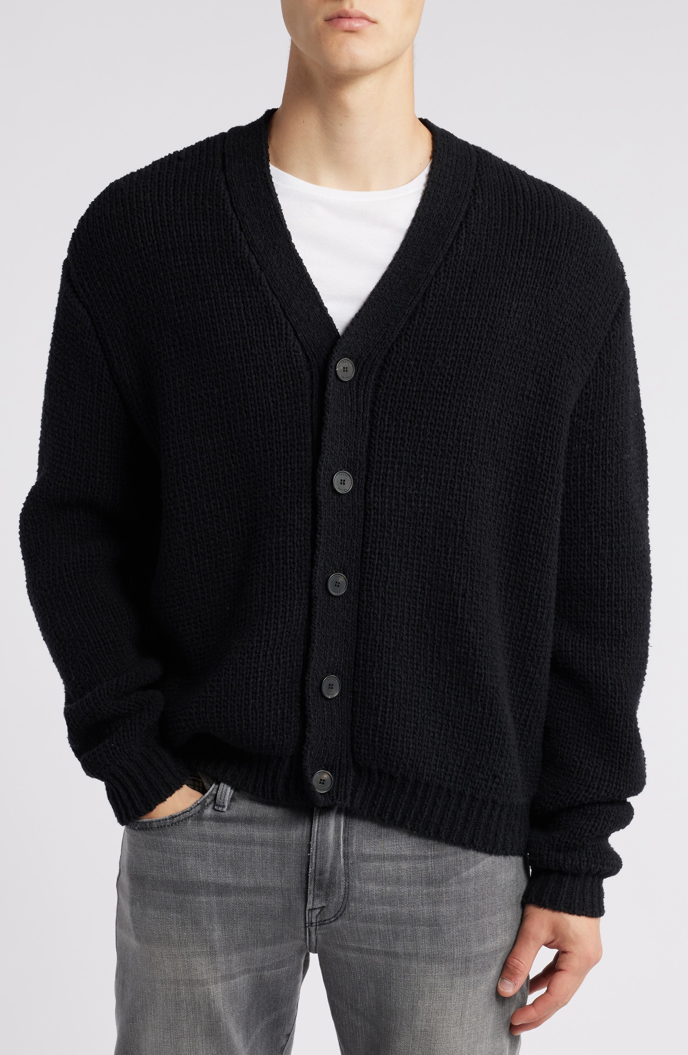 FRAME Rib Wool & Silk Cardigan in Black at Nordstrom - 4