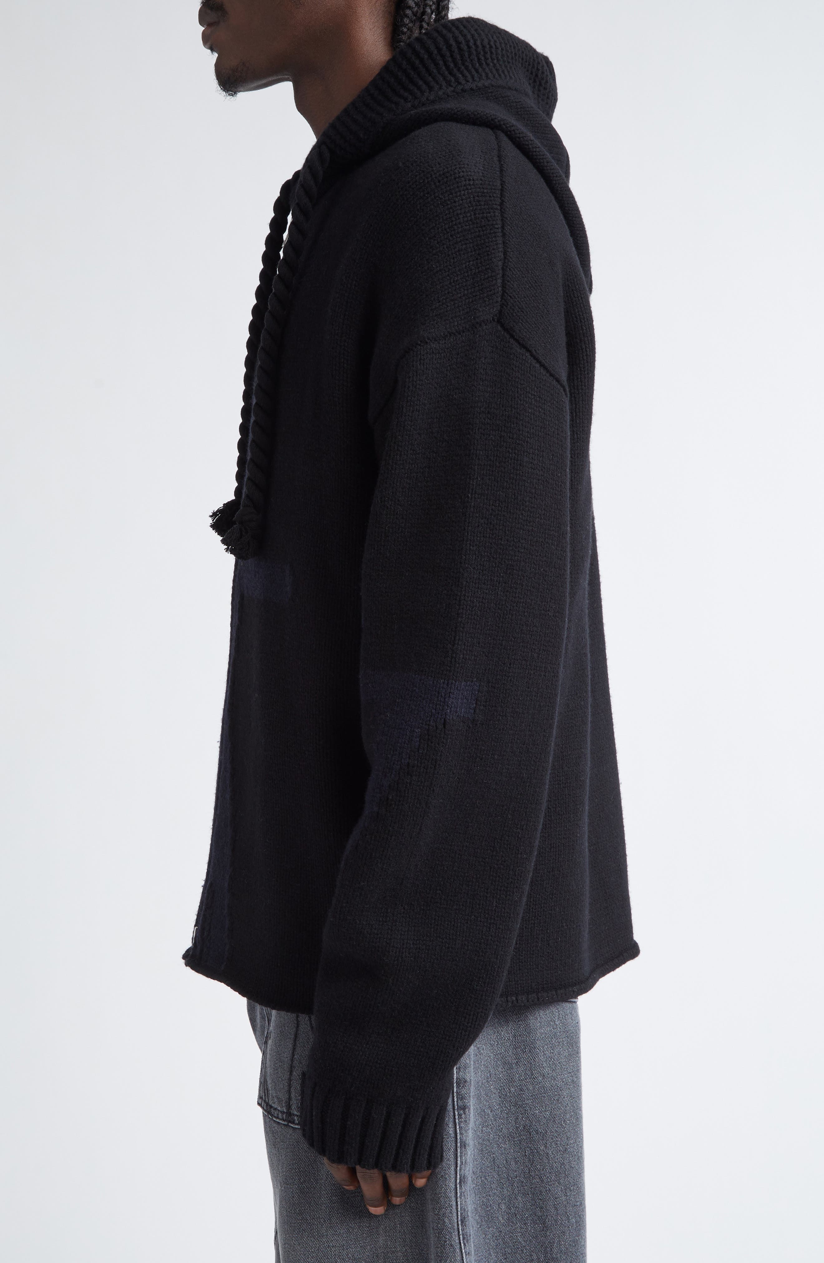 JW Anderson Anchor Intarsia Hooded Merino Wool Zip Sweater in Black/Navy at Nordstrom - 4