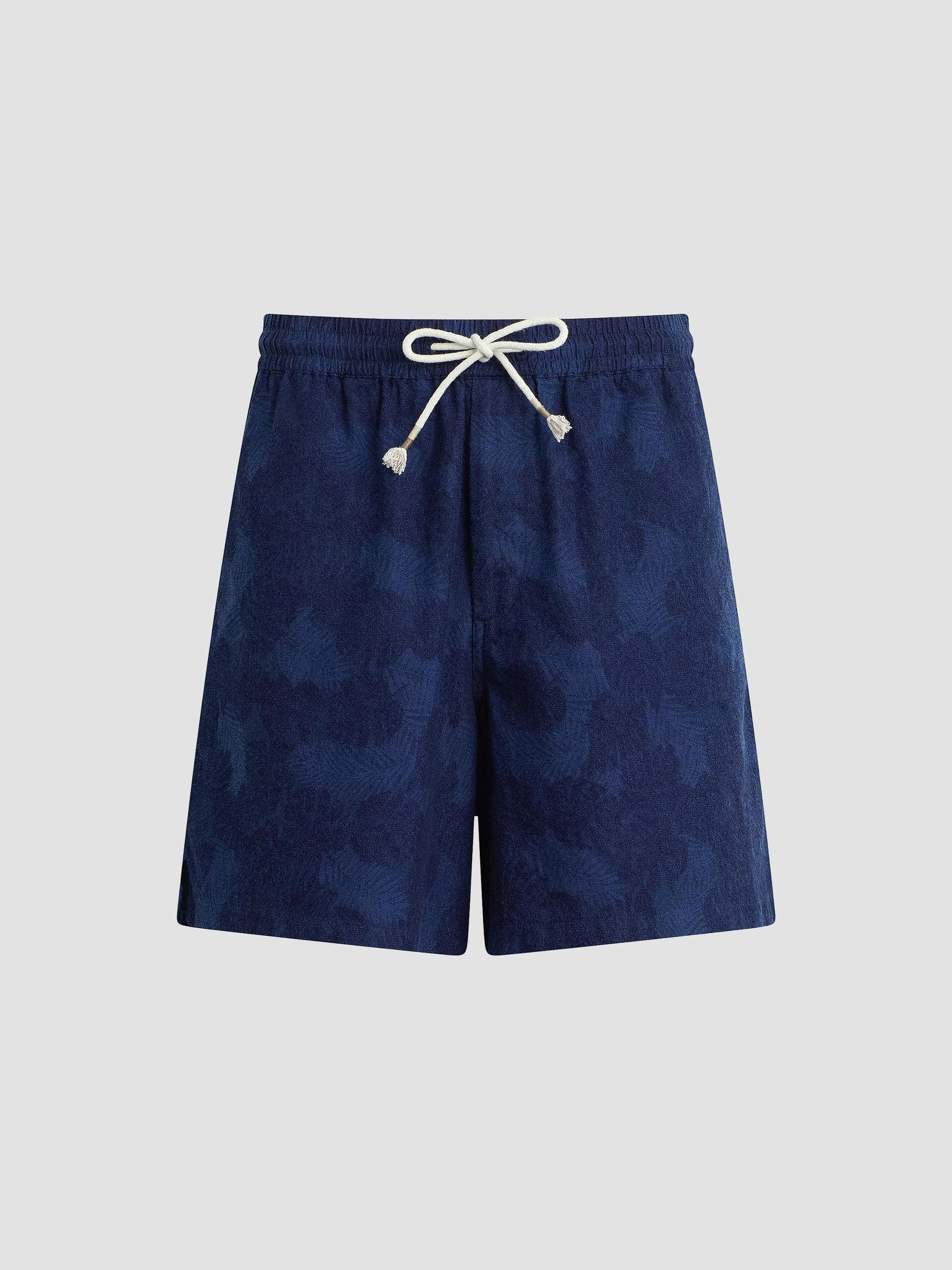 Men's Cabana Floral Cotton-Linen Drawstring Shorts - Dark Indigo - 1