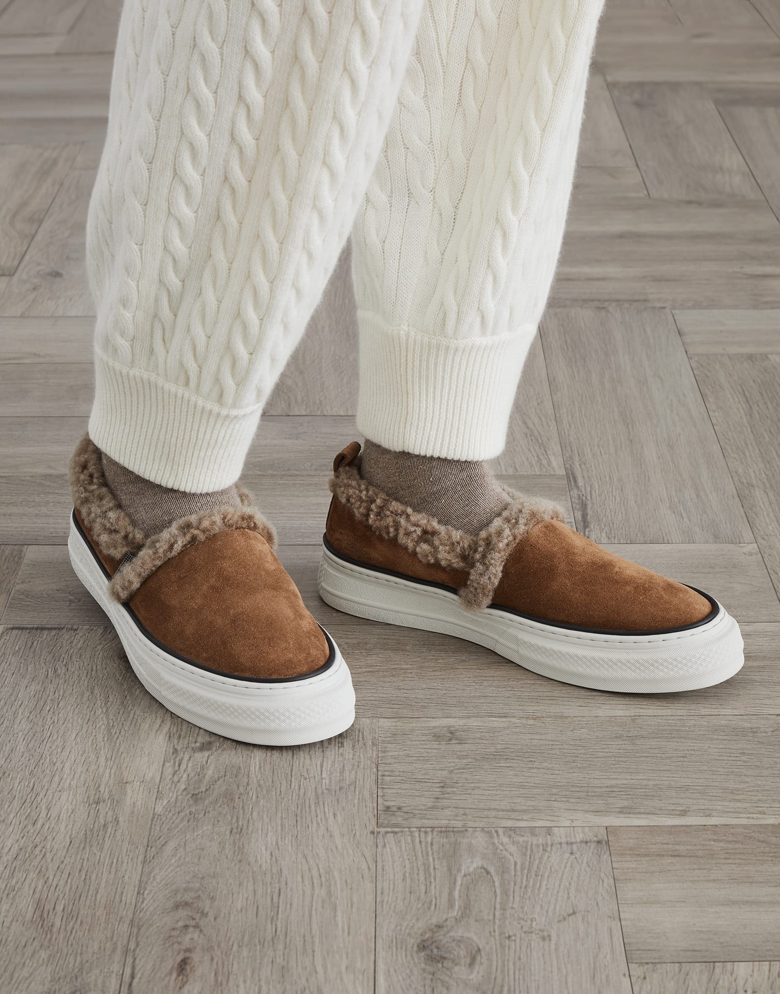 Suede slip-on sneakers with shearling lining and shiny tab - 4