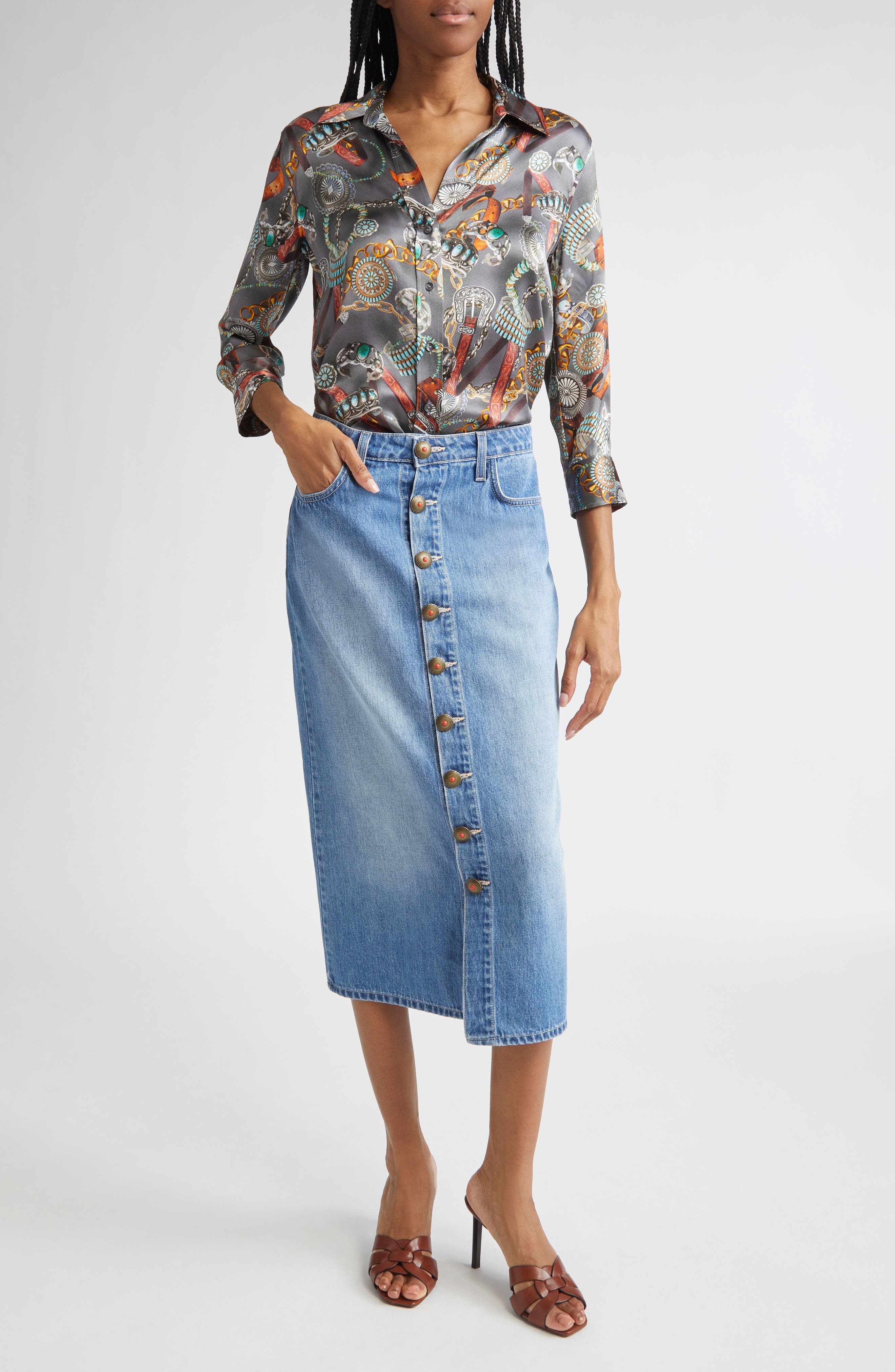 L'AGENCE Kathleen Button Front Midi Denim Skirt in Bandera at Nordstrom - 2