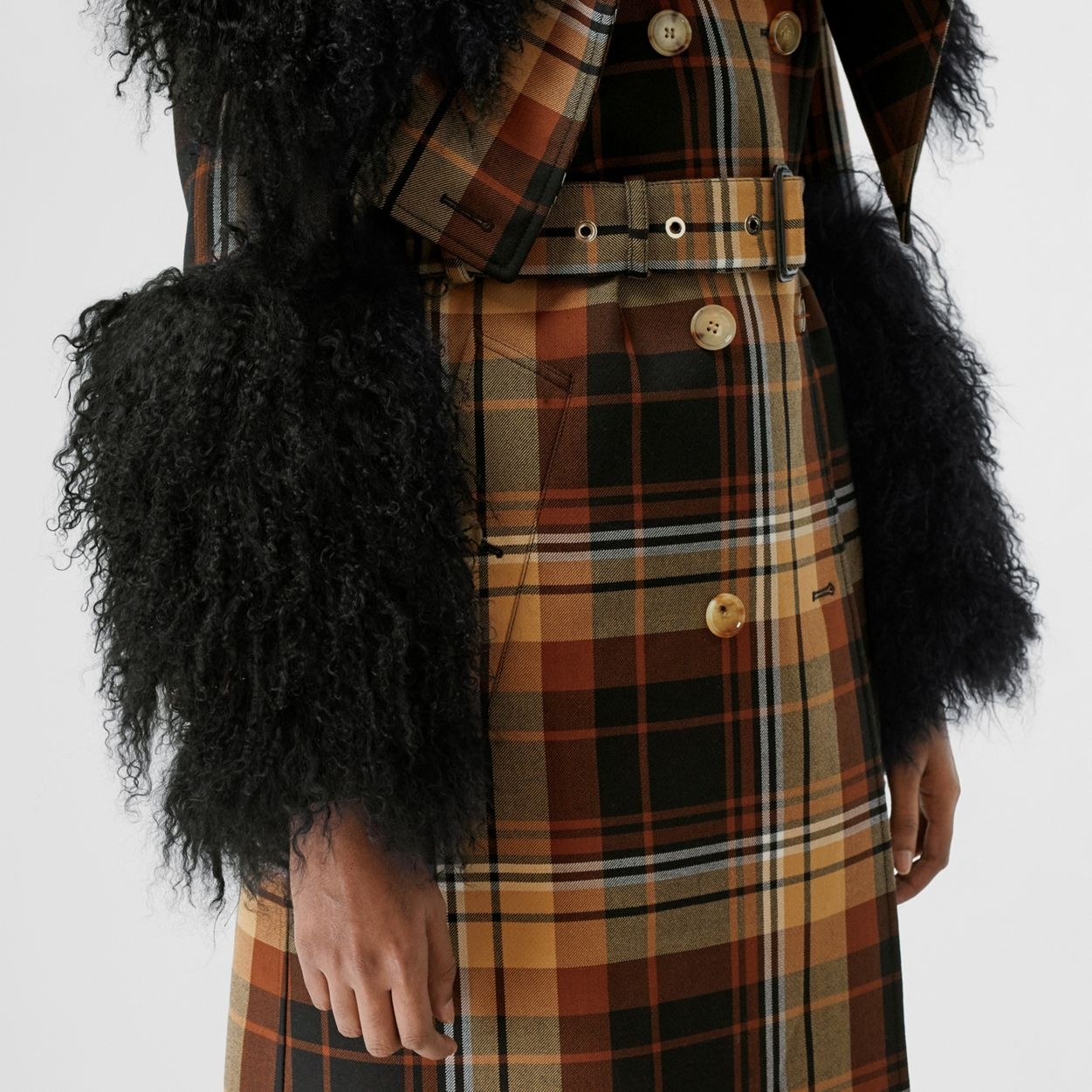 Shearling Trim Contrast Check Wool Trench Coat - 4