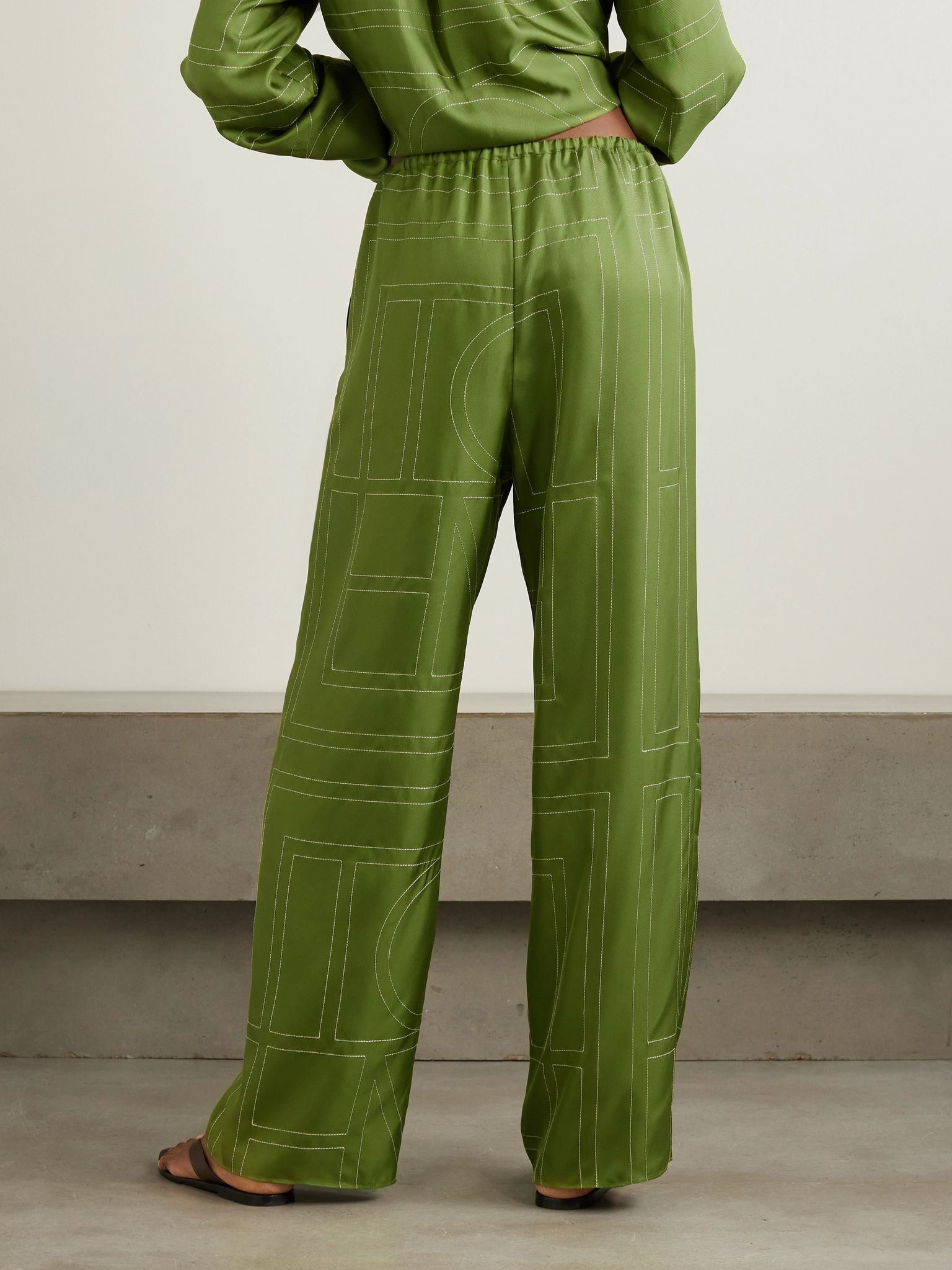 Embroidered silk-twill wide-leg pants Green - 3