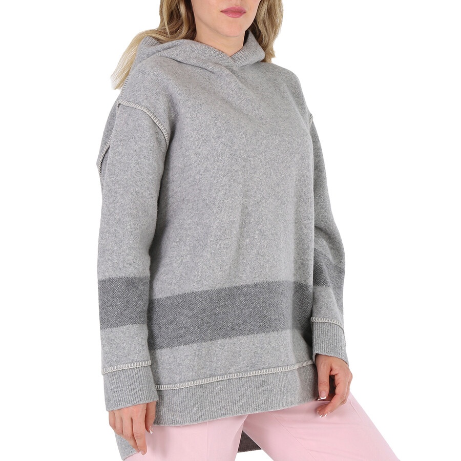 Burberry Ladies Pale Grey Melange Stripe-Detail Logo Patch Hoodie - 4