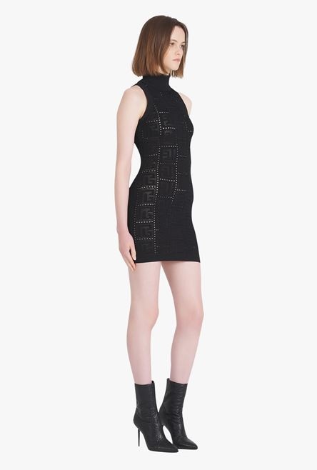 Short black eco-designed knit dress with Balmain monogram - 7