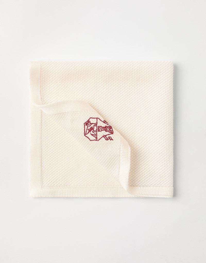 Silk knit pocket square with embroidered logo 1