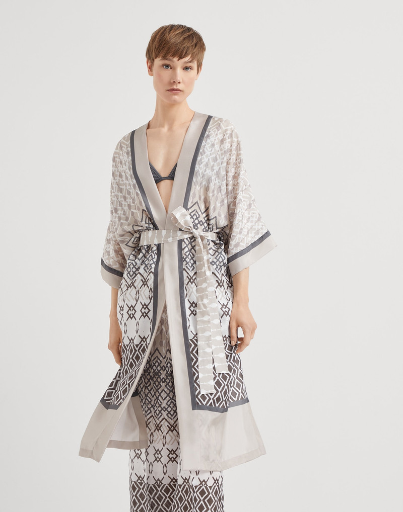 Silk ethnic print pongée kimono with monili 1