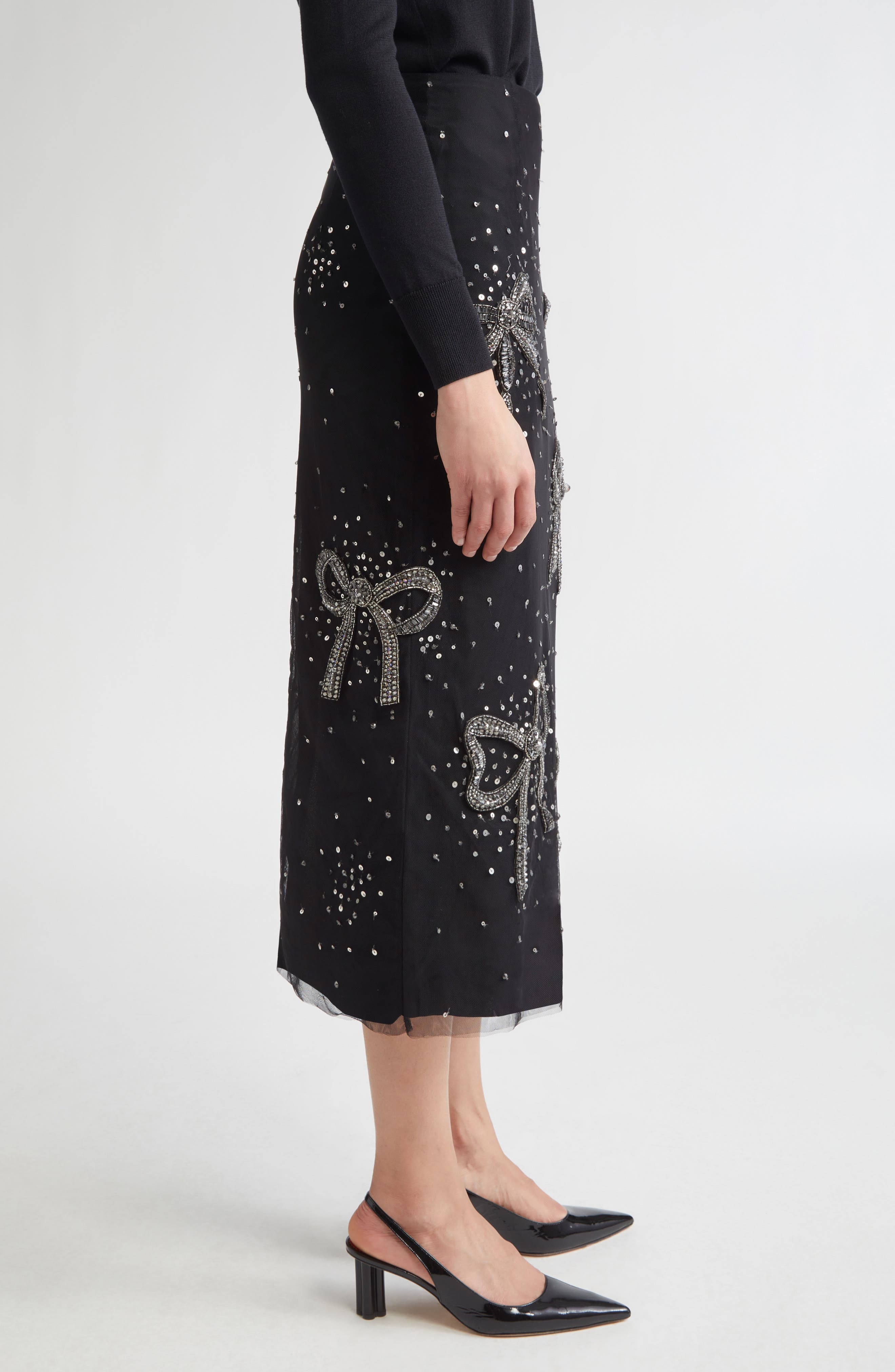 Carolina Herrera Bow Embellished Tulle Midi Skirt in Black at Nordstrom - 4