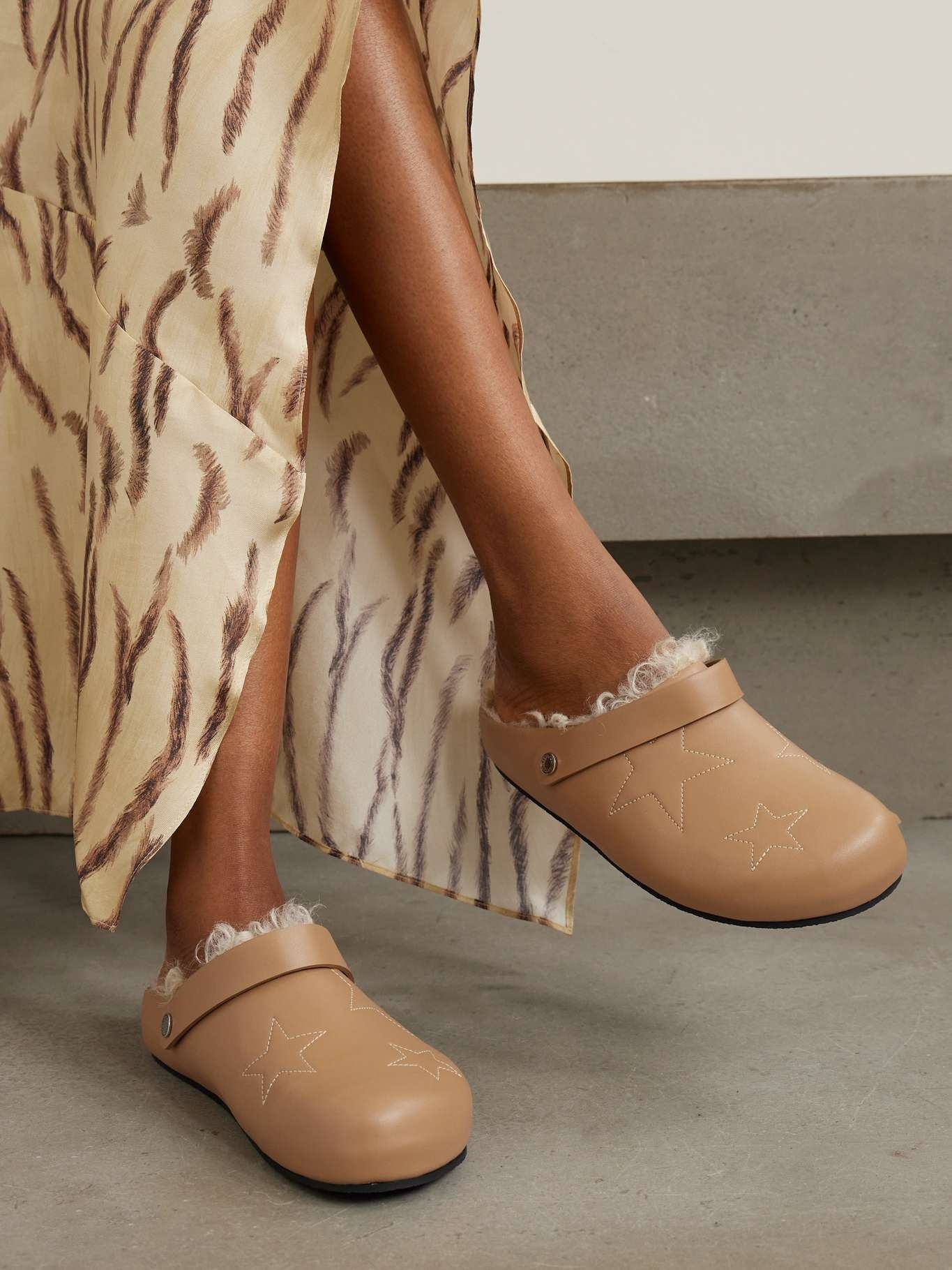 Elyse embroidered faux shearling-lined vegetarian leather mules - 2