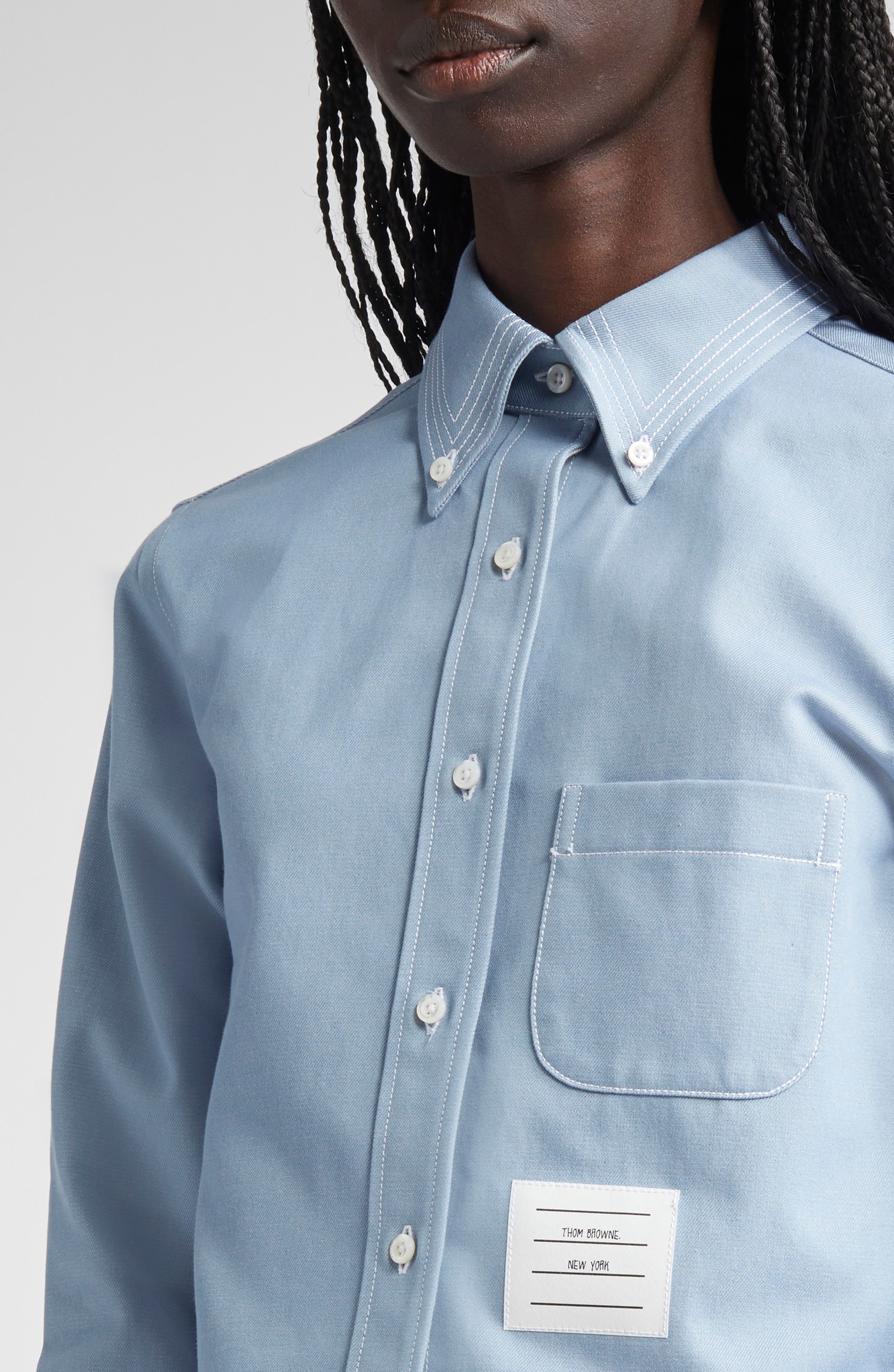 Thom Browne Classic Denim Cropped Button-Down Shirt in Light Blue at Nordstrom - 5