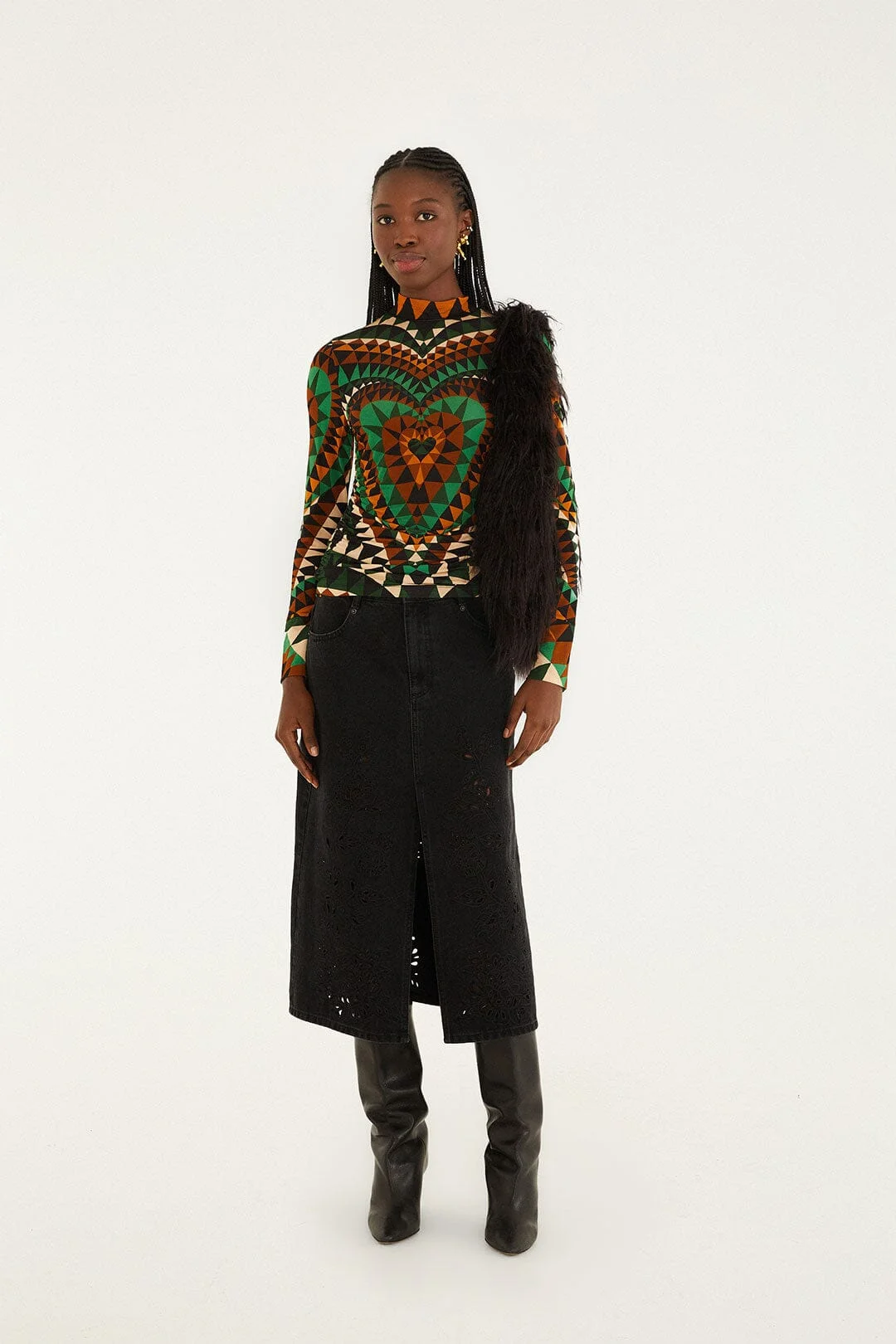 Black Denim Richelieu Front Slit Midi Skirt - 1