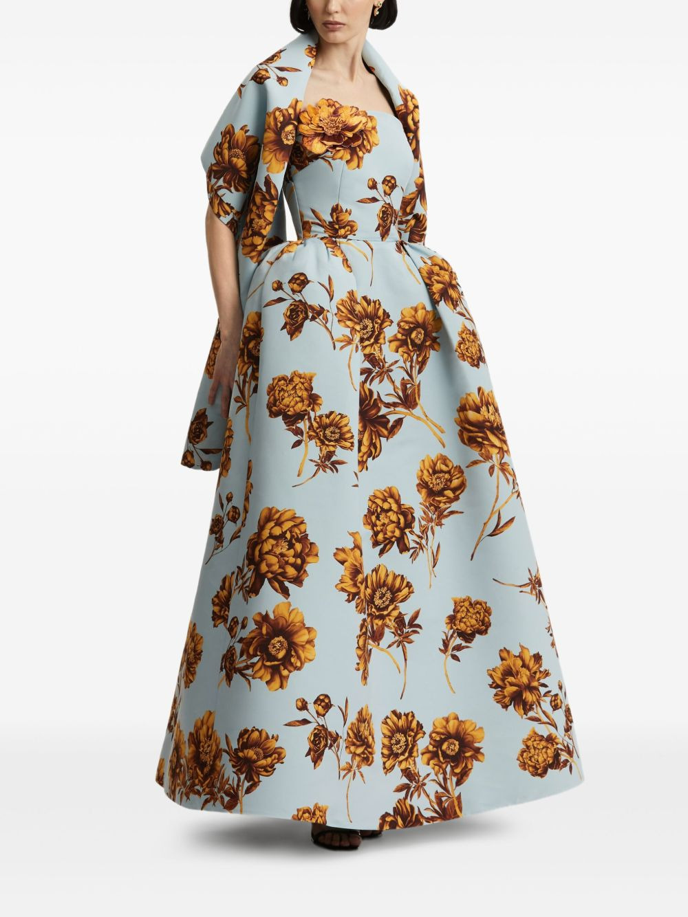 floral-print strapless gown - 3