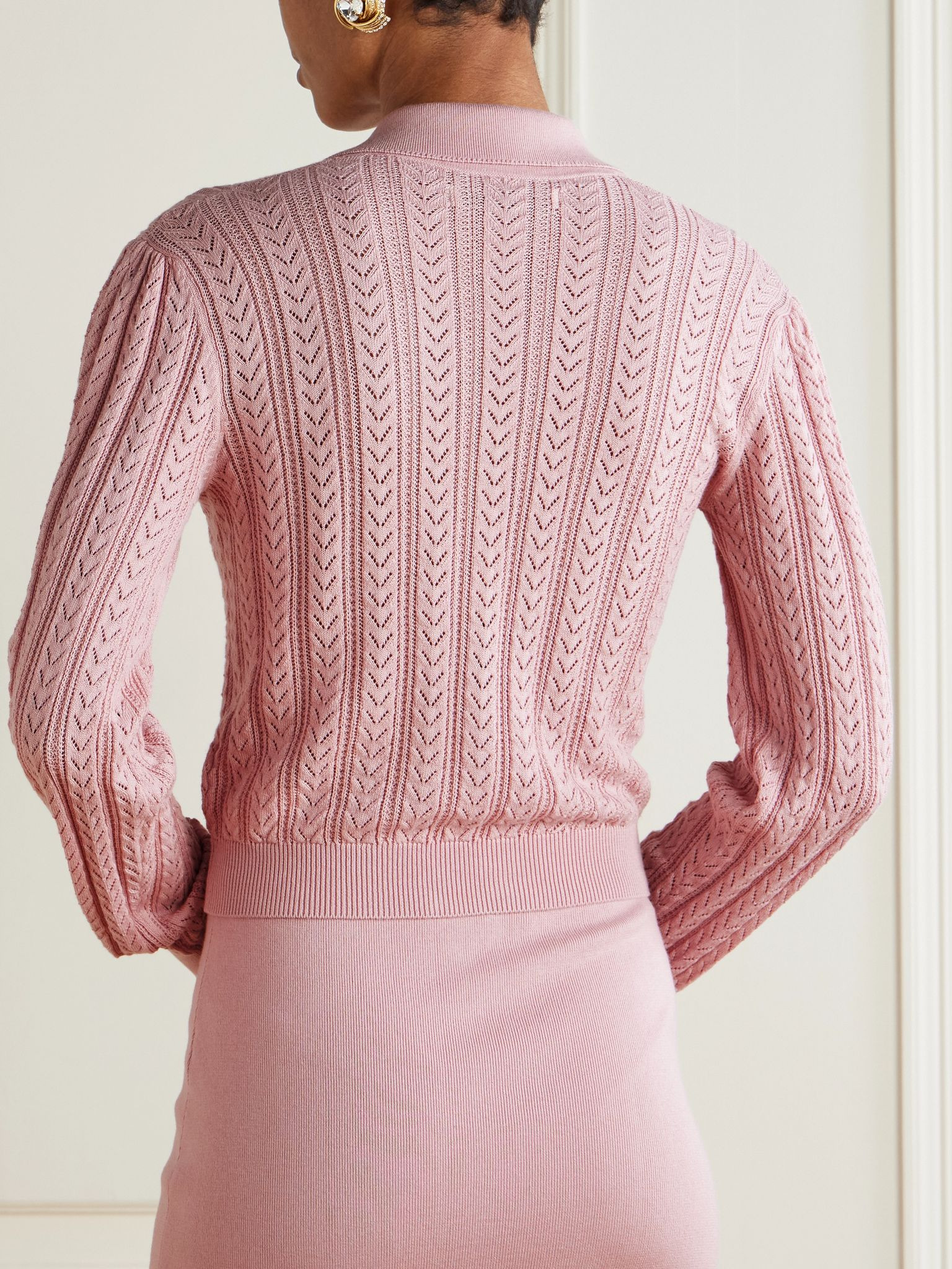 Cropped pointelle-knit cotton and cashmere-blend cardigan Pink - 3