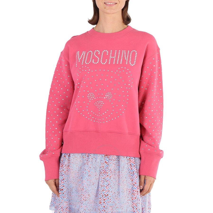 Moschino Ladies Fantasy Print Fucsia Crystal Teddy Bear Organic Cotton Sweatshirt - 3
