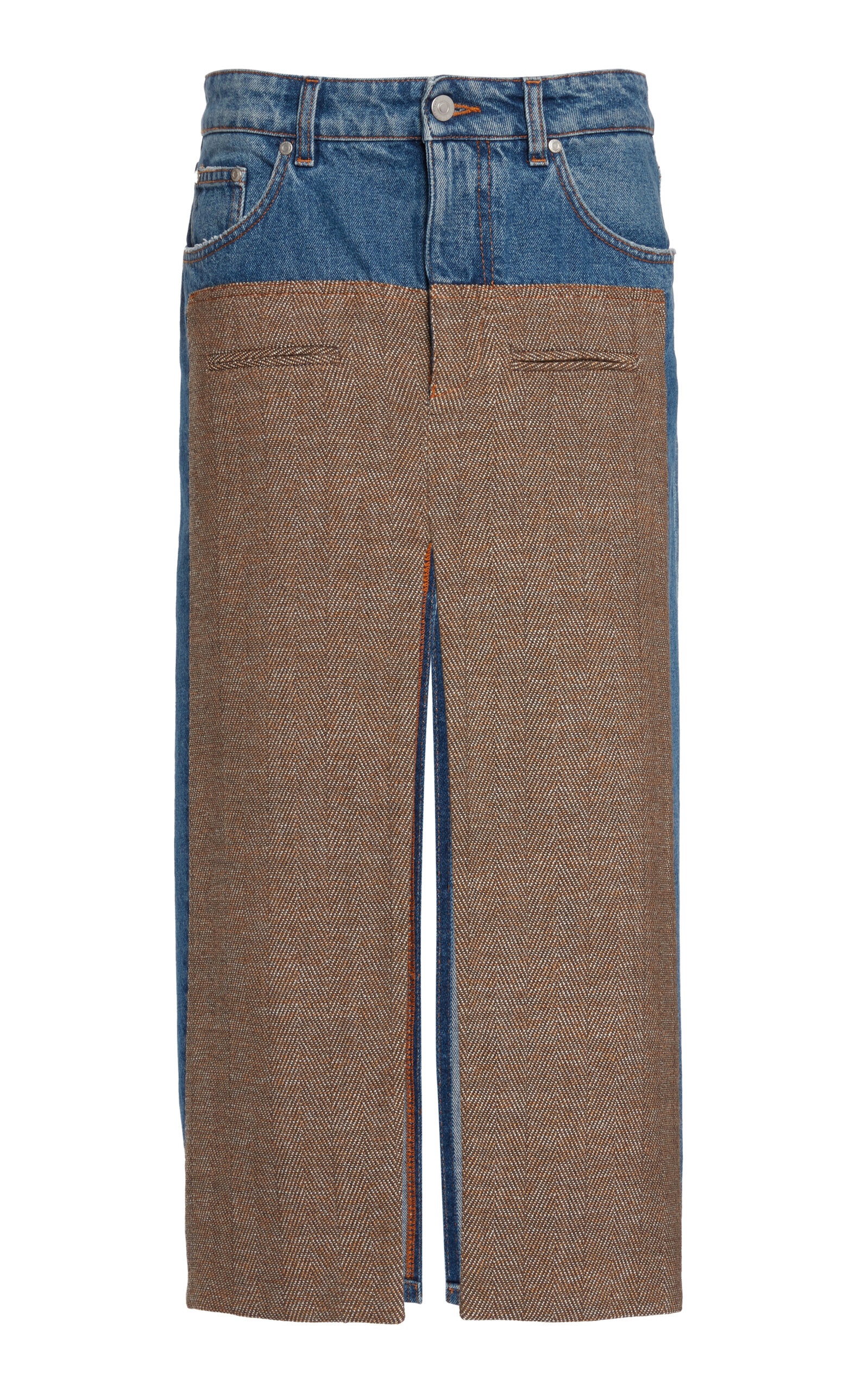 Paneled Tweed & Denim Midi Skirt medium wash - 1