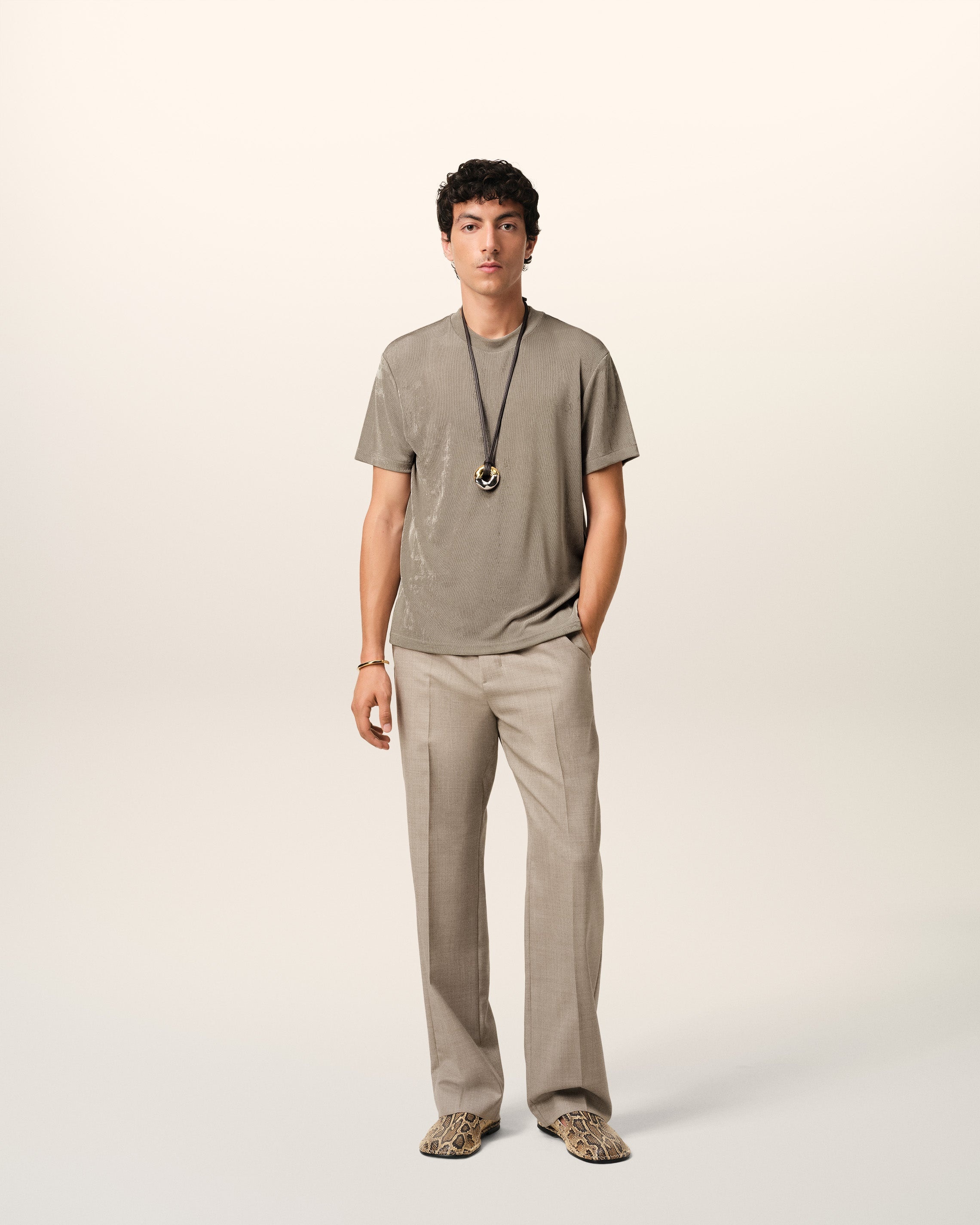 BEIGE RIB JERSEY SHORT SLEEVE T-SHIRT - 2