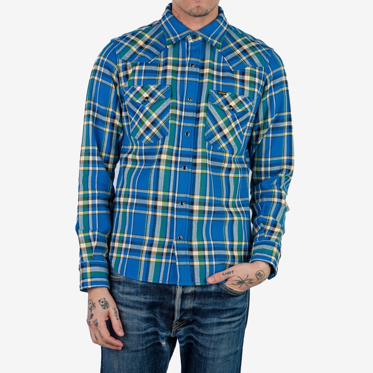 IHSH-370-BLU Ultra Heavy Flannel Tartan Check Western Shirt - Blue - 3